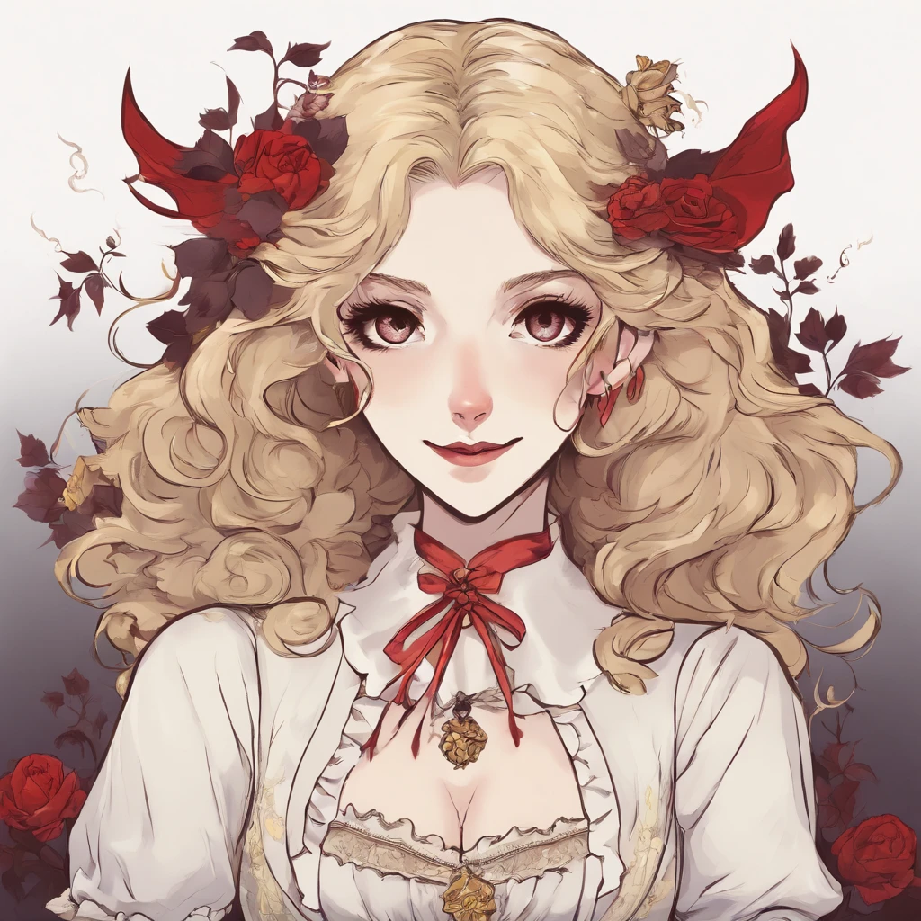 Anime vampire woman, Fujimoto art style, victorian era, otherwordly, esoteric nature, strangely happy, vampire, vampire fang smile, gleeful laugh, head tilted, reality is stranger than fiction, slightly unsettling,