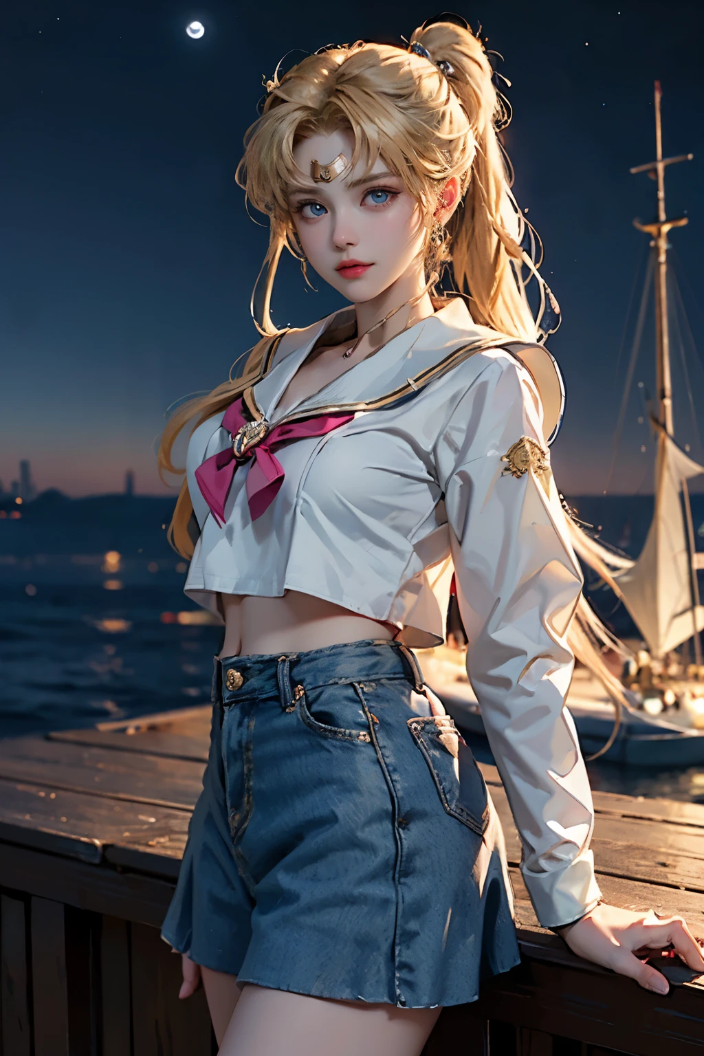 masterpiece, best quality, photorealistic, ultra detailed, fine details, high resolution, 8k wallpaper, professional, high level of detail, (sharp and focused piece, (((full figure visible beautiful full body girl))) , blonde hair, deep depth of field, full-length photo (beautiful sailor girl posing sensually), fantasy landscape))), soft colors, (((sailor necklace, butterfly knot decoration, dressed in sexy sailor cosplay, tiny sexy skirt top with knot in front, sexy perspective lace lingerie, (tight to her body), (showing the beauty of her body), cap, wristbands, (beautiful face), (detailed eyes), detailed luscious lips, perfect hands , detailed fingers, defined nails), (real skin texture), (perfect teeth), (in a landscape on the seashore), waves crashing on the rocks, clouds in the bottom of the boat, poses, bright sunlight and realistic, sun glare, soft and hyper detailed colors (8k, 4k quality, art teacher), cinematic (best quality), (realistic skin texture), beautiful goddess face, detailed lips, piercing eyes, perfect body,