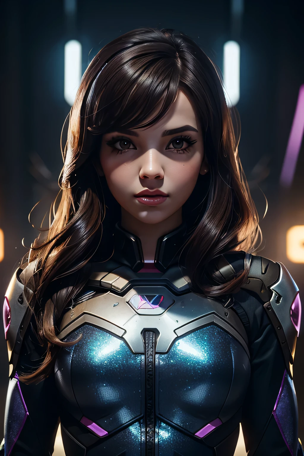 1girl, D.va , overwatch, reflective, glistening skin, studio, super detailed, HD, visible pores, perfect hair, very detailed hair, perfect, very beautiful, a hyper realistic, masterpiece, highly detailed, cinematic lighting, ray tracing, cinematic composition. award winning photo, high contrast, light sparkles, clear face, beautiful dark brown eyes, eyes match, perfect eyelashes, full body portrait, perfect body,