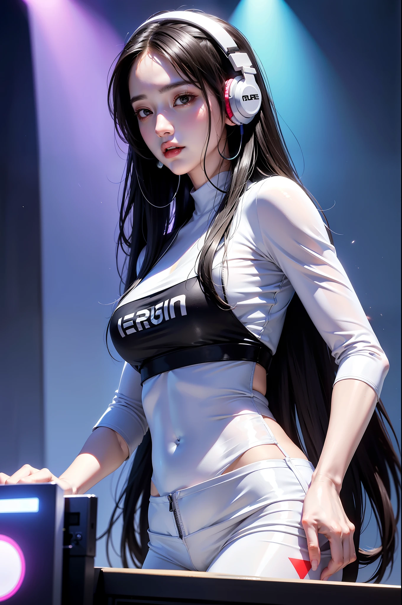 tmasterpiece,Need,supene,Semi-realistic,Man in white top and headphones playing DJ suit, dj set, dj sura, sport outfit, headphones dj rave, jia, shaxi, with headphone, dj at a , jaeyeon nam, dj rave , kda, trending at cgstation,