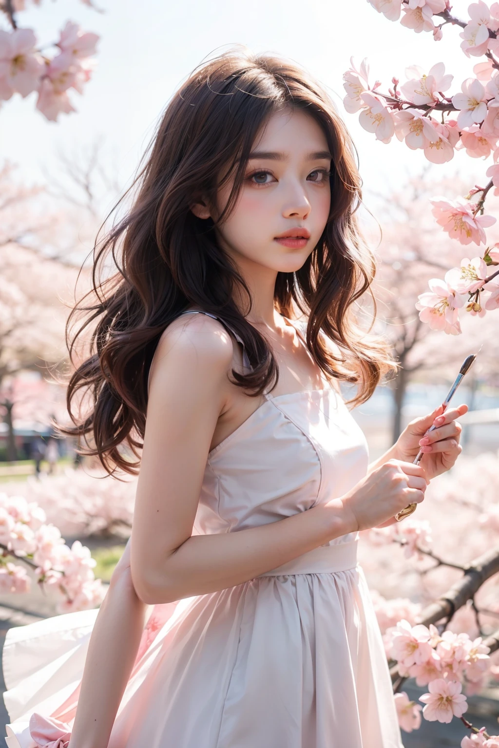 light pink hair, pink eyes, pink and white, cherry blossom leaves, Bright colors, white dress, paint splashes, simple background, ray tracing, wavy hair,Paint it like a cherry blossom,Background of cherry blossoms