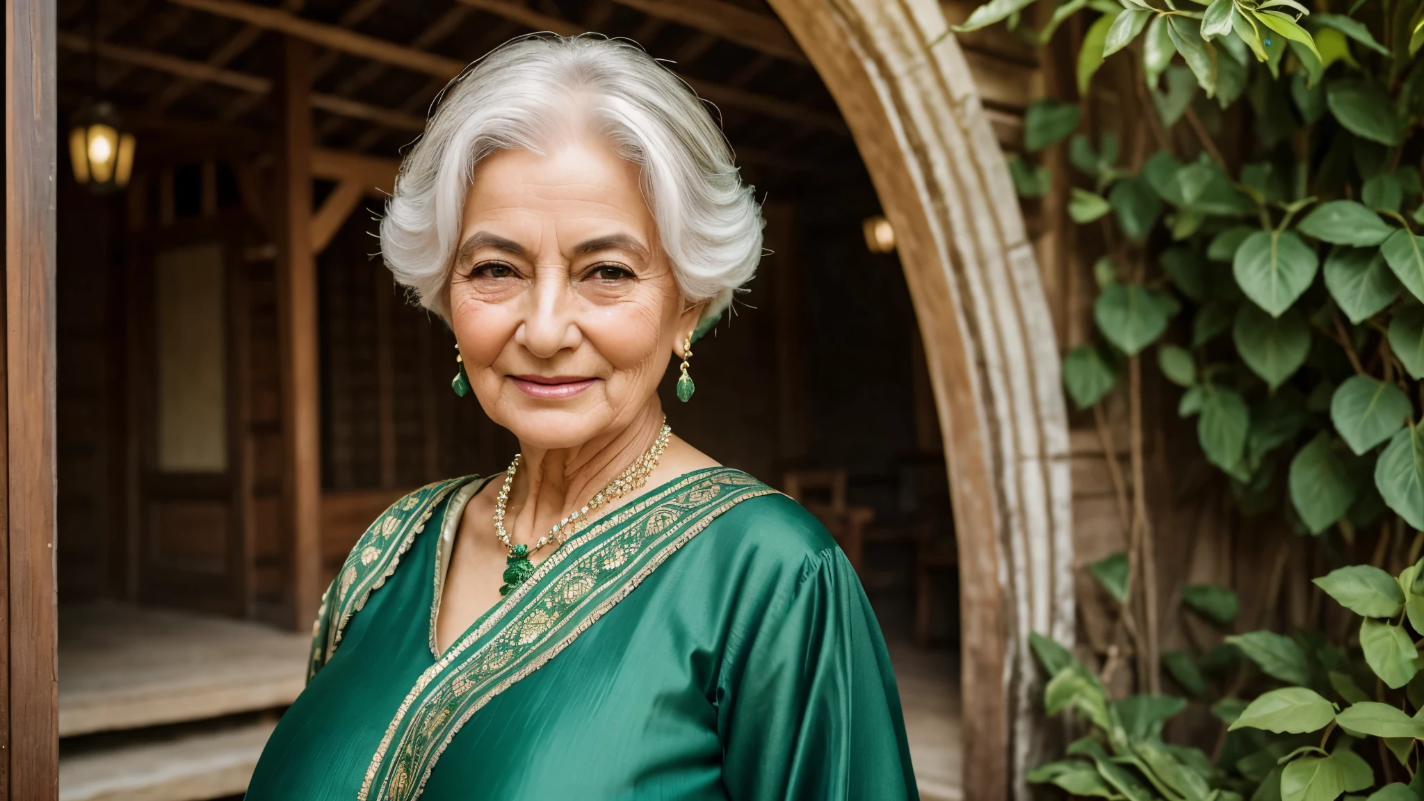 masterpiece, high-level image quality, depth of fields, beautiful mature women, 80 years old, with beautiful green hairs, up of face, wearing village type clothes , close pic view, Fancy makeup, (gigantic, big breasts ;1.7), beautiful face, perfect body