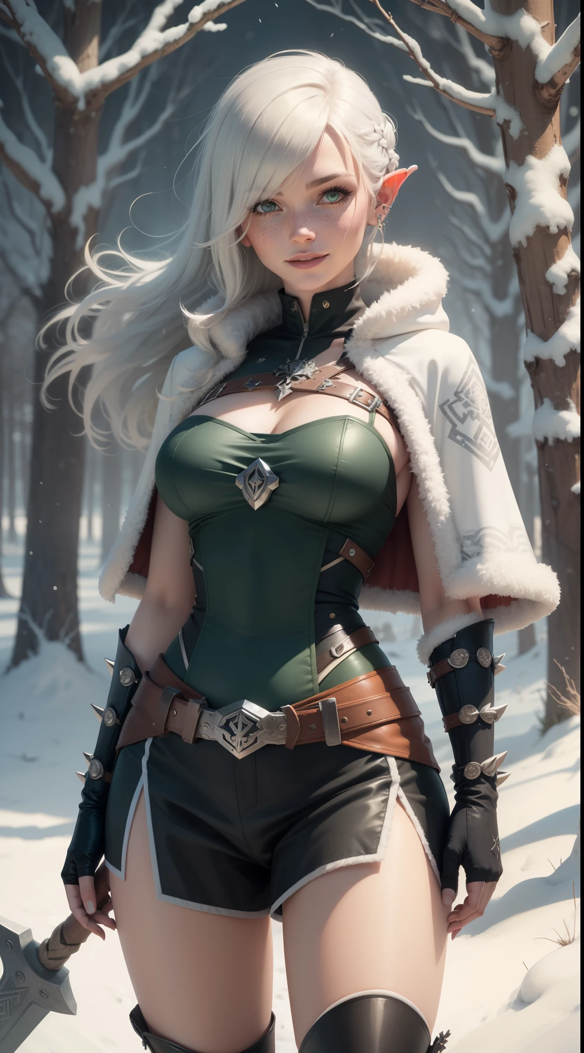 gwen tennyson,yorha 2b,tracer,y'shtola rhul, lord of the rings,warcraft,close up,winter forest,viking village,rune tattoos,fur and royal green plugsuit,winter viking linen shirt,royal green viking cape,spiked viking armor,viking linen pants,short viking hair,viking makeup,green eyes,multicolored silver hair, spiked gloves,sexy smile,freckles,beautiful girl,knee high spiked boots,large breasts,8k,ultra detailed,realistic,fantasy art,viking armor,hair pin,ear piercings,(weather:windy),1girl,long viking battle axe,