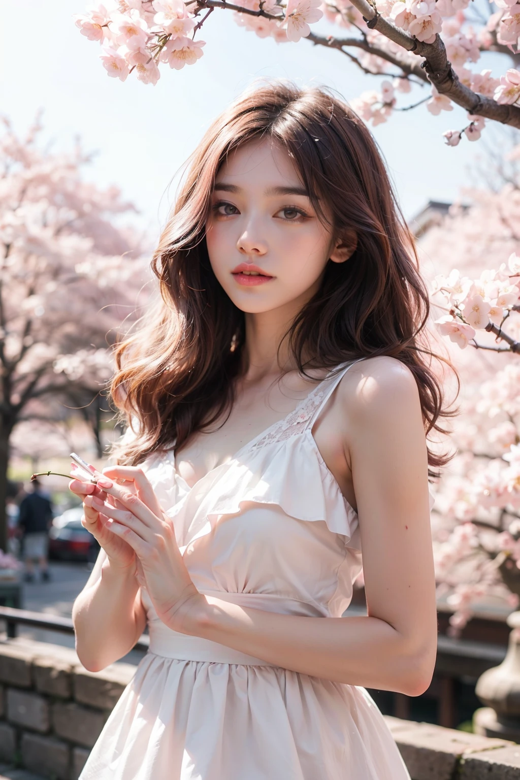 light pink hair, pink eyes, pink and white, cherry blossom leaves, Bright colors, white dress, paint splashes, simple background, ray tracing, wavy hair，Paint it like a cherry blossom，Background of cherry blossoms