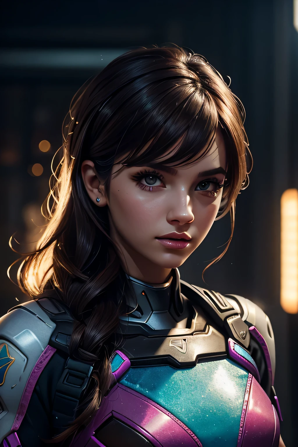 1girl, D.va , overwatch, reflective, glistening skin, studio, super detailed, HD, visible pores, perfect hair, very detailed hair, perfect, very beautiful, a hyper realistic, masterpiece, highly detailed, cinematic lighting, ray tracing, cinematic composition. award winning photo, high contrast, light sparkles, clear face, beautiful dark brown eyes, eyes match, perfect eyelashes, full body portrait, perfect body, lighting coming from one direction, shadows in perfect position compared to the lightings origin