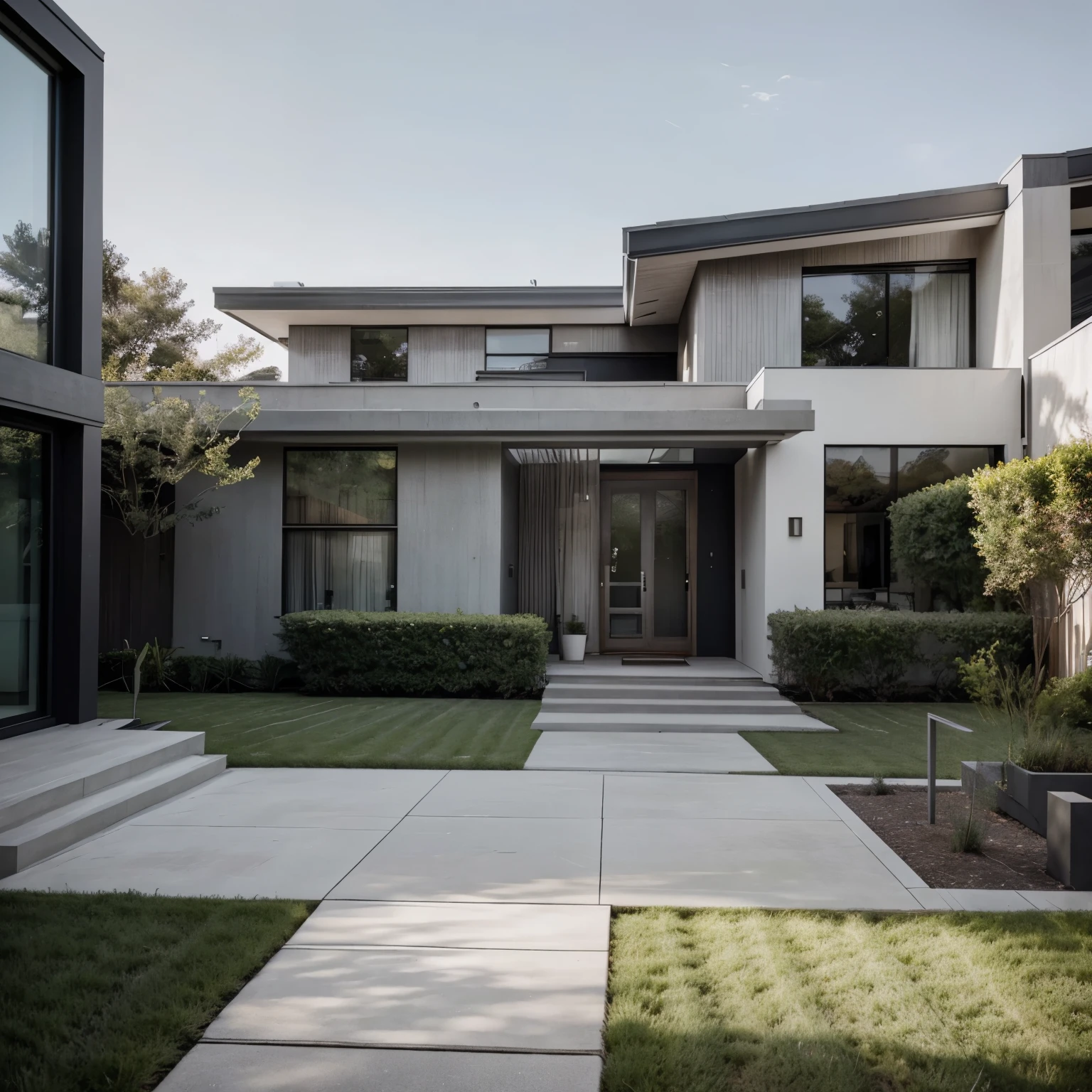 color photo of a modern and minimalist grey-colored Midcentury home. The house exudes an elegant and sophisticated vibe with its sleek lines, clean design, and neutral color palette. The exterior of the home is painted in a beautiful shade of grey, which perfectly complements the surrounding landscape. Large windows allow an abundance of natural light to flood the interior, creating a bright and airy atmosphere. The architectural details, such as the flat roof, angular shapes, and minimalistic landscaping, add to the overall contemporary aesthetic of the house. This grey Midcentury home stands as a timeless masterpiece, blending seamlessly with its surroundings.