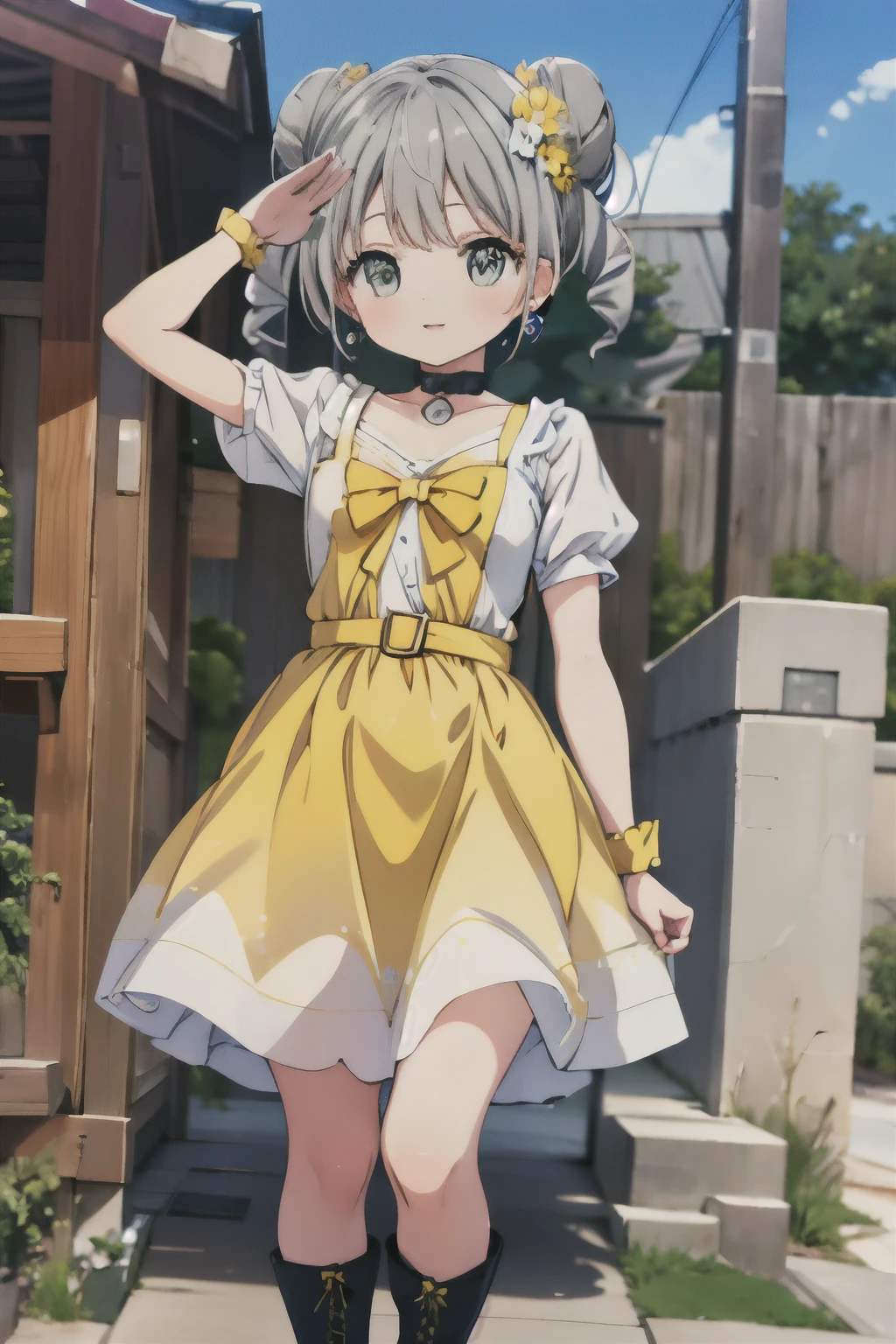 asterpiece, best quality, highres, ultra-detailed, HotaruHiraiwaR4, grey eyes, grey hair, long hair, twintails, double bun, hair ornament, hair flower, earrings, green choker, small breast, magical girl, heart brooch, dress, (yellow dress:1.2), yellow shorts, puffy short sleeves, white dress, wrist cuffs, waist bow, skirt, boots, knee boots, outdoors, standing, :d, salute,