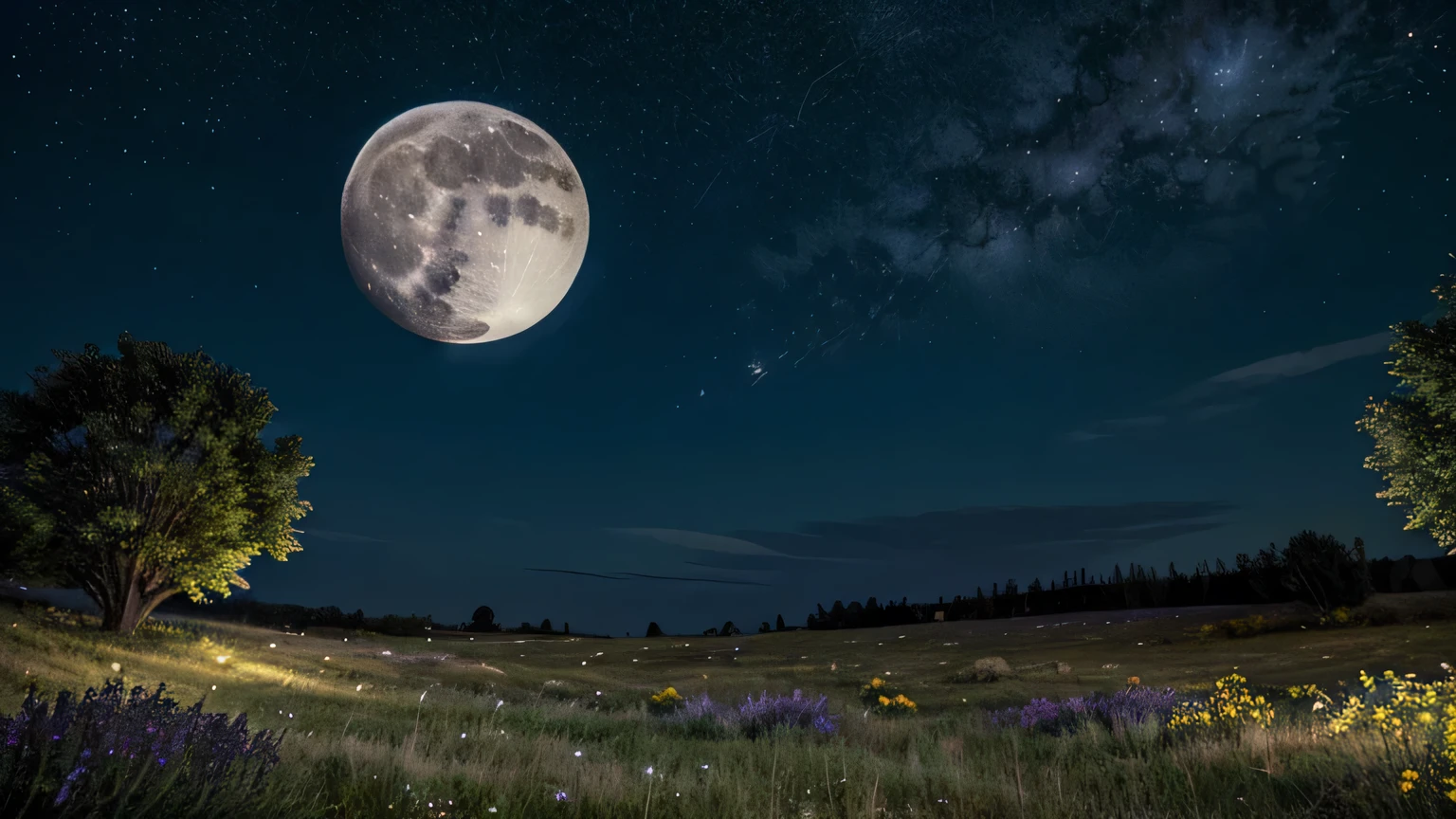 big bright full moon in the middle and have trees for the both side have some bushes which have some blue, grey, purple, yellow flowers. beautiful sky full of stars. 3/4 of the picture is sky. Painting