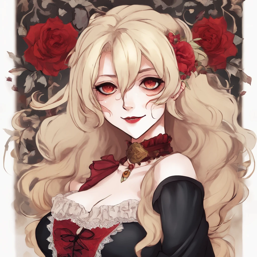 Anime vampire woman, Fujimoto art style, victorian era, otherwordly, esoteric nature, strangely happy, vampire, vampire fang smile, gleeful laugh, head tilted, reality is stranger than fiction, slightly unsettling, eyeshadow,