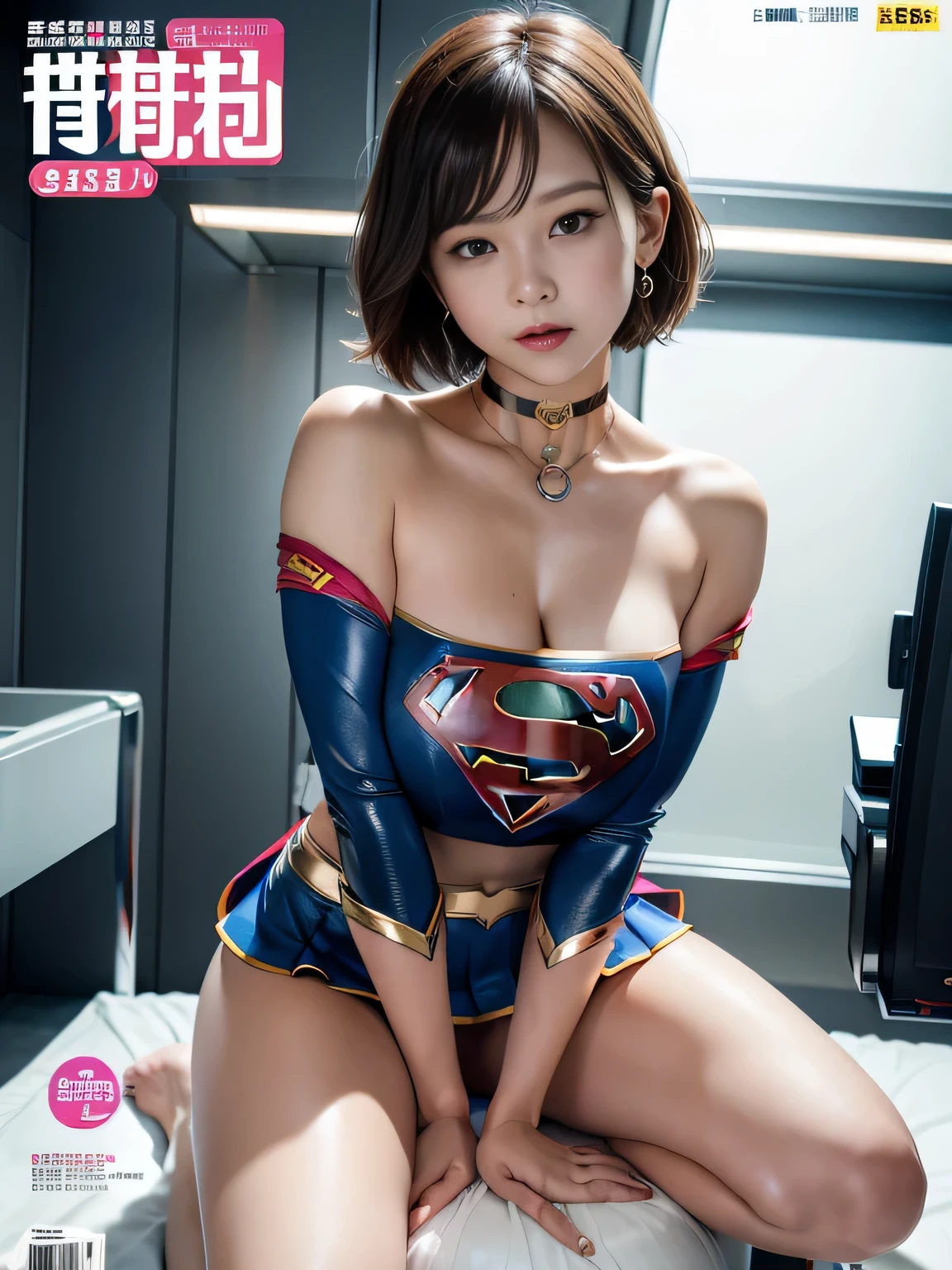 masterpiece,supergirl costume, short hair, barefoot, big and full breasts,operating room、operating table、straddle、damaged、shiny、look at the camera、provocation、Estrus、choker、Weekly magazine cover、super mini skirt、Cheerful pose