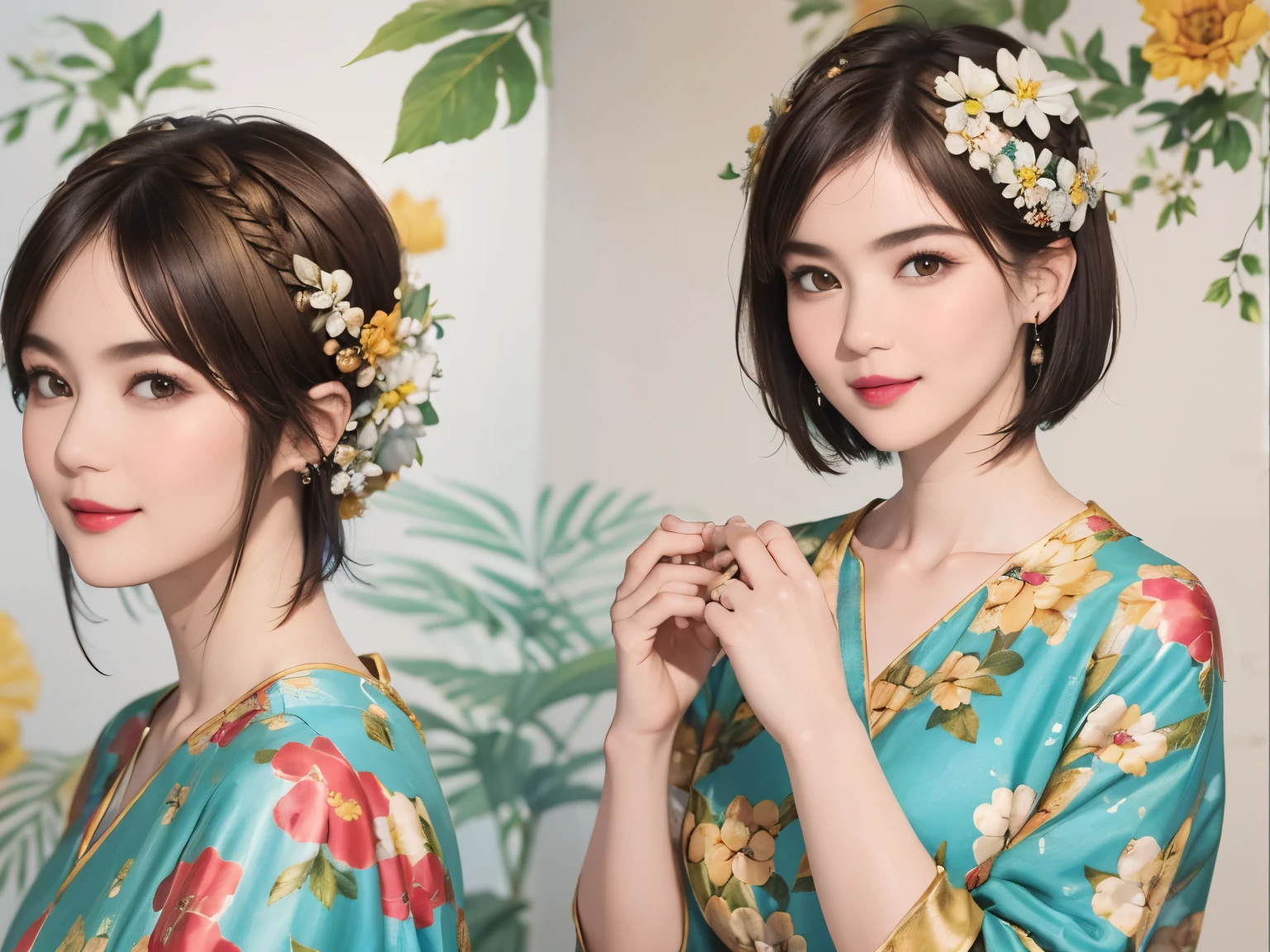 149
(20 year old woman,floral print outfit,pants), (Super realistic), (high resolution), ((beautiful hairstyle 46)), ((short hair:1.46)), (gentle smile), (brest:1.1), (lipstick)