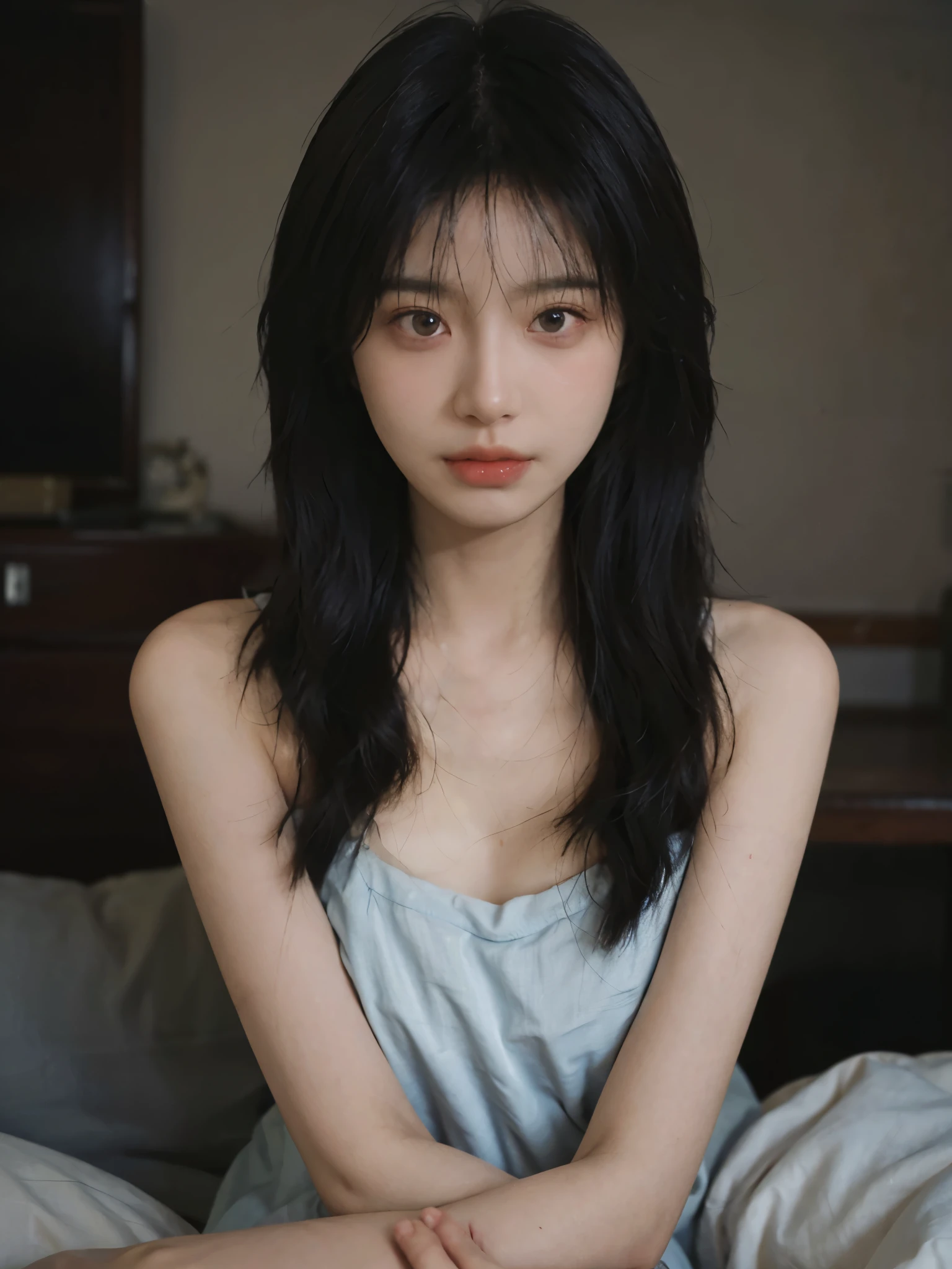Film portrait photography, 1 girl, bare shoulders, Shoulder length wavy hair, serene, calm, (Realistic and detailed eyes, natural skin texture, Realistic facial details), Soft dramatic lighting, depth of field, Bokeh, Vibrant details, Detailed and detailed, surreal, 35mm film, hazy, ,