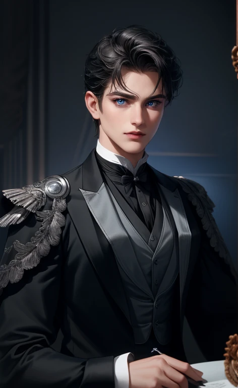 (masterpiece,best quality,ultra_detailed,highres,absurdres) (detailed shadow) (quality light),1 (mature) male, 30-ish, ((wide shoulder)) (muscles), male focus, solo, short black Quiff hair with Soft Fringe (bangs part on side 3:7 ratio), blue eyes (detailed eyes), upper body, short hair, looking at viewer, parted lips, round eyewear, fantasy, aristocracy clothes (black and silver suit), nobleman, victorian era background (detailed background), night time.