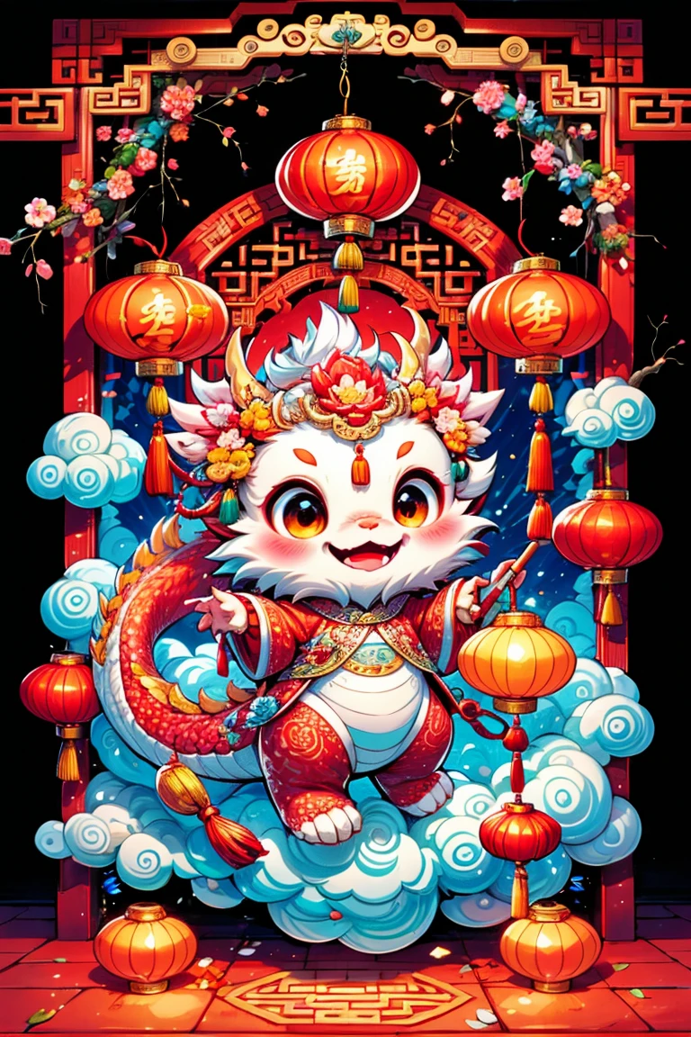 1 Chinese dragon，Chinese red palace background，medium shot，Chinese style，Spring Festival，lantern，fireworks，firecracker，Floral fragrance，stone fragment，Beautiful and delicate water，moiré floor，Cute Chinese Dragon