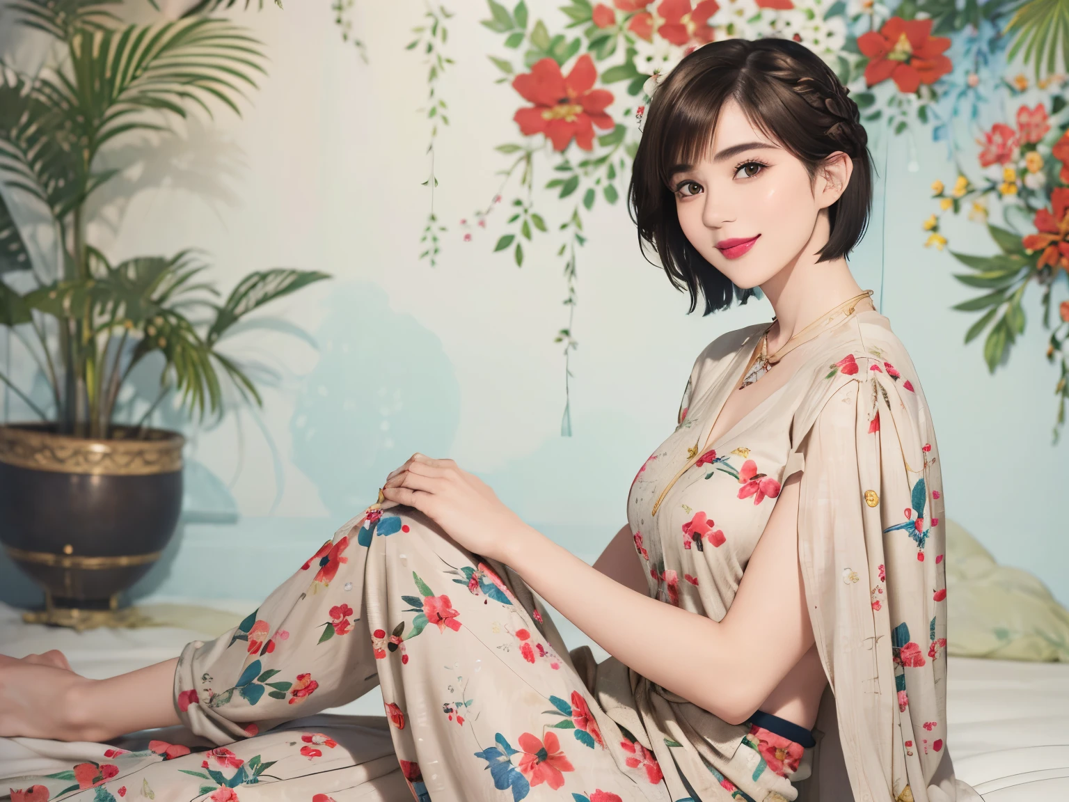 149
(20 year old woman,floral print outfit,pants), (Super realistic), (high resolution), ((beautiful hairstyle 46)), ((short hair:1.46)), (gentle smile), (brest:1.1), (lipstick)