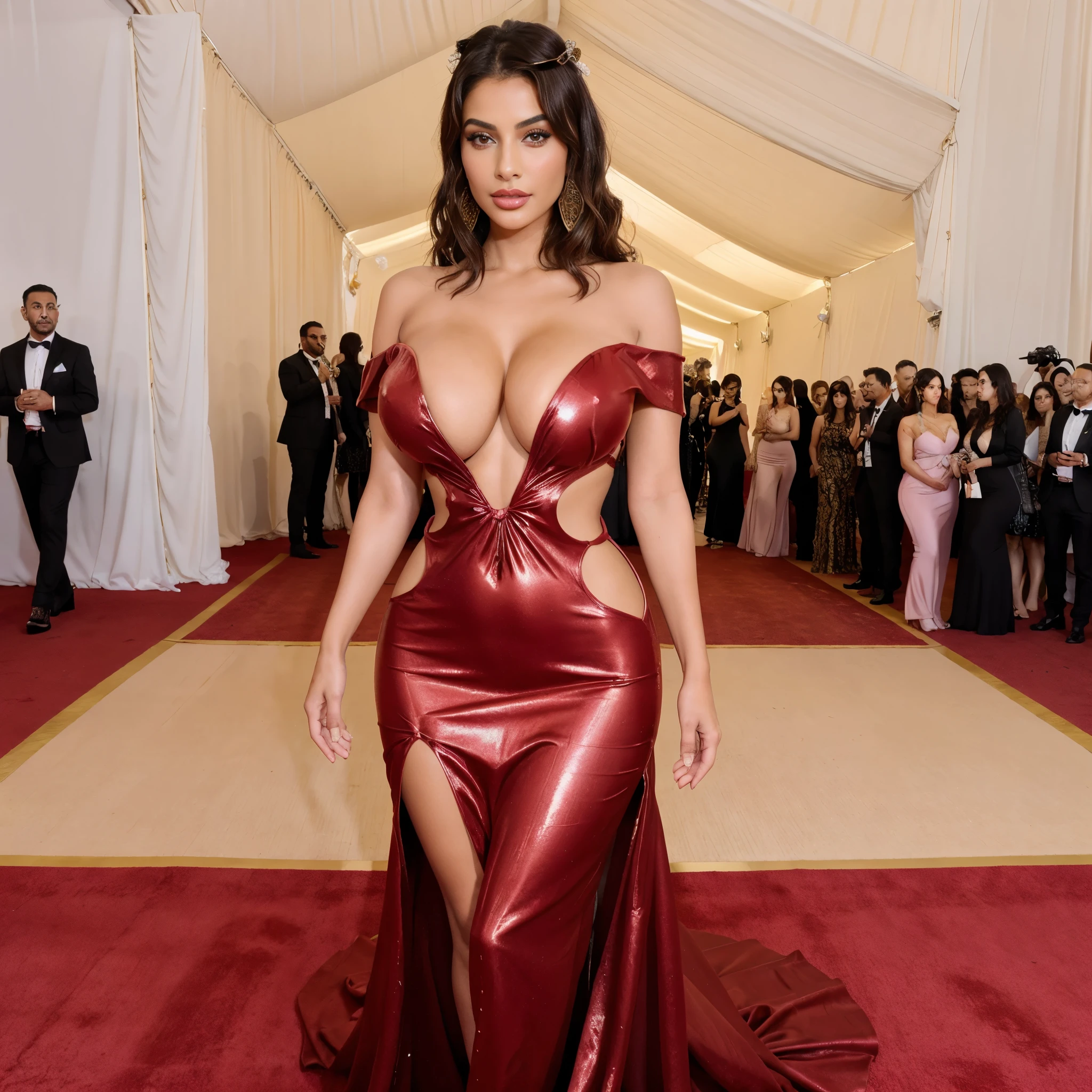a woman posing for a picture, arabic goddess, traditional beauty, arabic, beautiful goddess, middle eastern girl, arabic super model, beautiful, gorgeous woman, middle eastern with long, sweet shy arabic, gorgeous beautiful woman, American red carpet, met gala, American Hollywood red carpet, beautiful middle eastern girl, extremely detailed goddess shot, jaw-dropping beauty, big deep , on a red carpet, red carpet dress, ((Huge breasts)ng a red shiny dress, cut out shoulder , red carpet behind her, standing straight, posing for a picture, met gala, photorealistic shot, extremely detailed shot