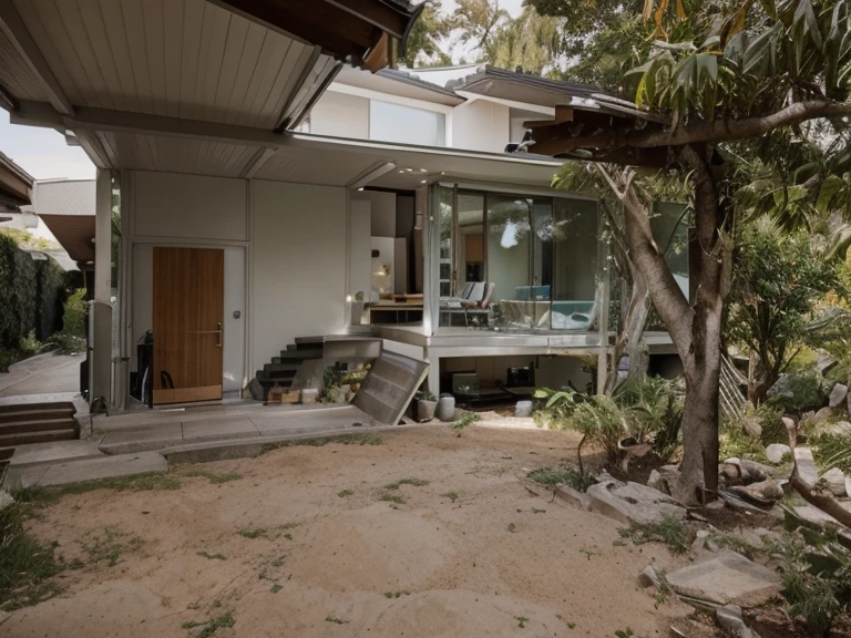 color photo of a modern and minimalist grey-colored Midcentury home. The house exudes an elegant and sophisticated vibe with its sleek lines, clean design, and neutral color palette. The exterior of the home is painted in a beautiful shade of grey, which perfectly complements the surrounding landscape. Large windows allow an abundance of natural light to flood the interior, creating a bright and airy atmosphere. The architectural details, such as the flat roof, angular shapes, and minimalistic landscaping, add to the overall contemporary aesthetic of the house. This grey Midcentury home stands as a timeless masterpiece, blending seamlessly with its surroundings.