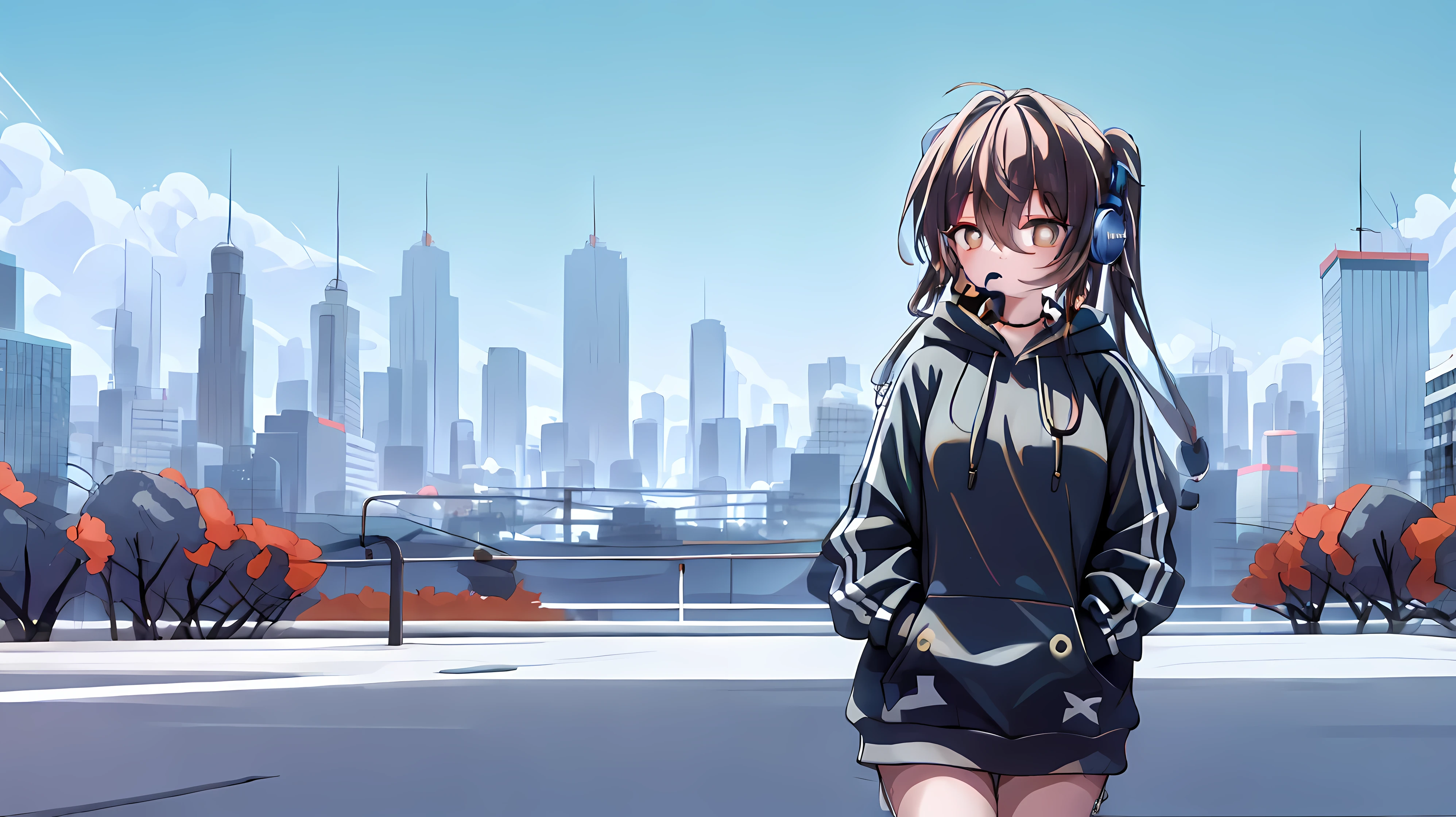 A girl at the city wearing a hoodie and headphones walking at the streets