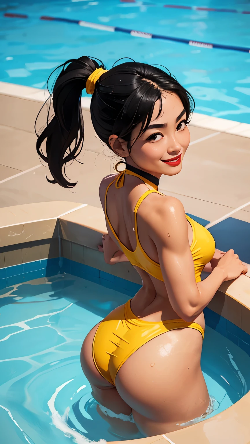 Woman, Asian skin, Asian, black hair, straight hair, hair with ponytail, medium hair, wet body, athletic body, yellow swimsuit, black eyes, low-cut swimsuit, wet swimsuit, swimming pool, low-cut swimsuit, smiling, looking at camera , red lips, heroic pose, small breasts, highlighted nipples, athletic legs, (((highlight buttocks))) (((highlight legs))) close-up looking from top to bottom.