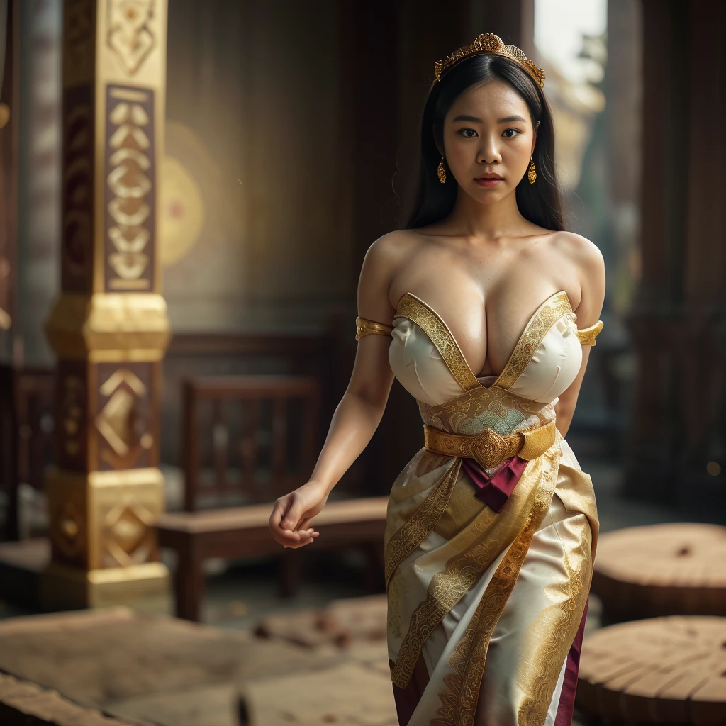 ,Thai woman, 28 years old ,bigboob ,big tits ,Big breasts, big breasts, white dress with traditional Thai pattern, strapless, revealing shoulders, fabric falling off.,Thai pattern gold jewelry,long black hair,Crown,red mouth,Beautiful face,Behind the scenes of an ancient Thai temple,raw,light and shadow,