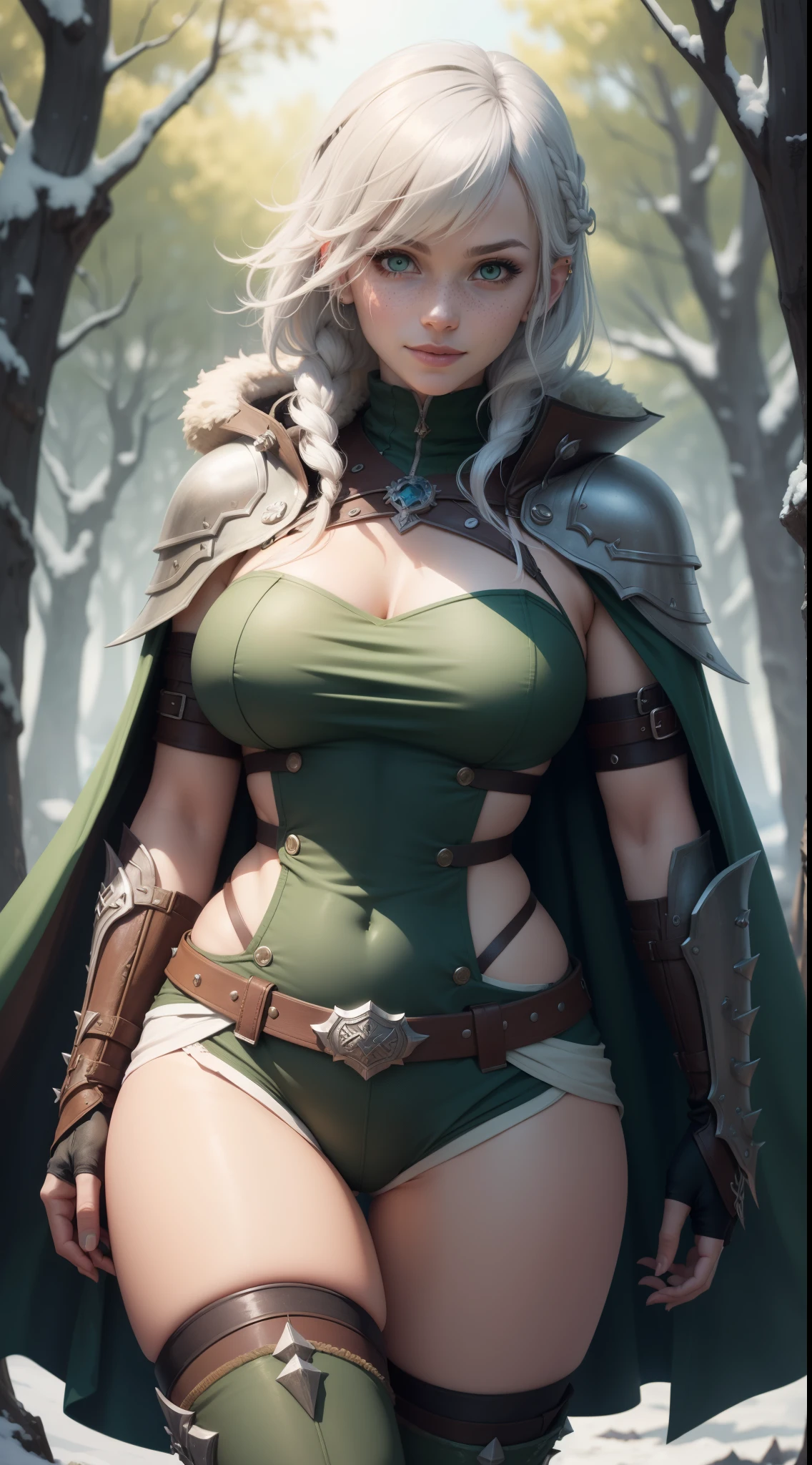 gwen tennyson,yorha 2b,tracer,y'shtola rhul, lord of the rings,warcraft,close up,winter forest,viking village,rune tattoos,fur and royal green plugsuit,winter viking linen shirt,royal green viking cape,spiked viking armor,viking linen pants,short viking hair,viking makeup,green eyes,multicolored silver hair, spiked gloves,sexy smile,freckles,beautiful girl,knee high spiked boots,large breasts,8k,ultra detailed,realistic,fantasy art,viking armor,hair pin,ear piercings,(weather:windy),1girl,long viking battle axe,