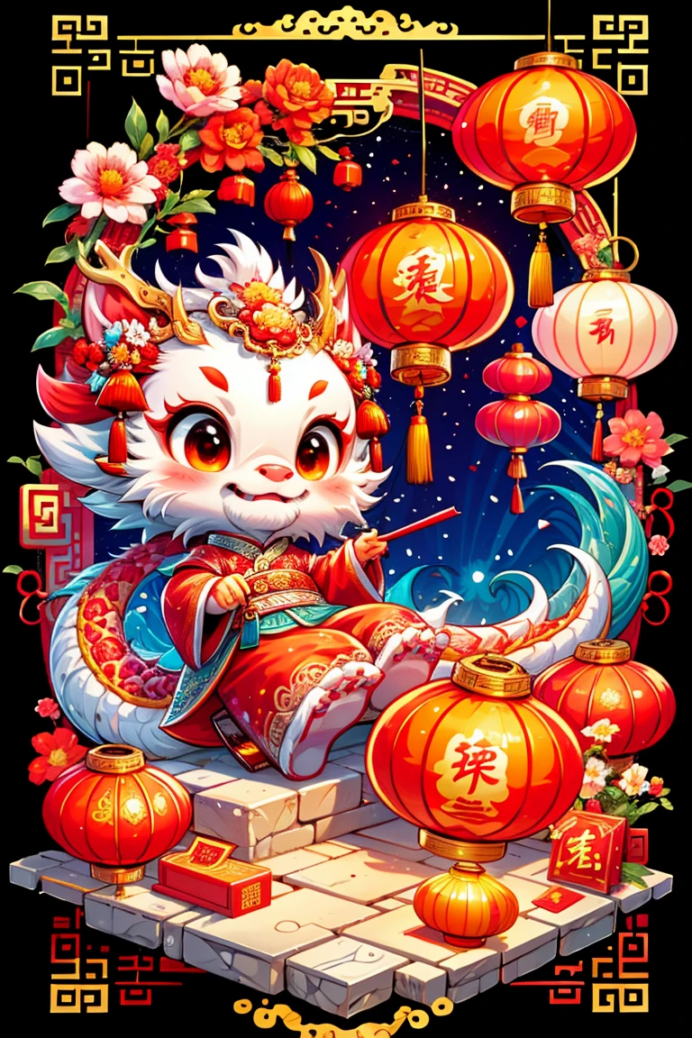 1 Chinese dragon, Chinese red palace background, medium shot scene, Chinese style, Spring Festival, lanterns, fireworks, firecrackers, floral fragrance, stone fragments, beautiful and delicate water, moiré floor，Cute Chinese Dragon