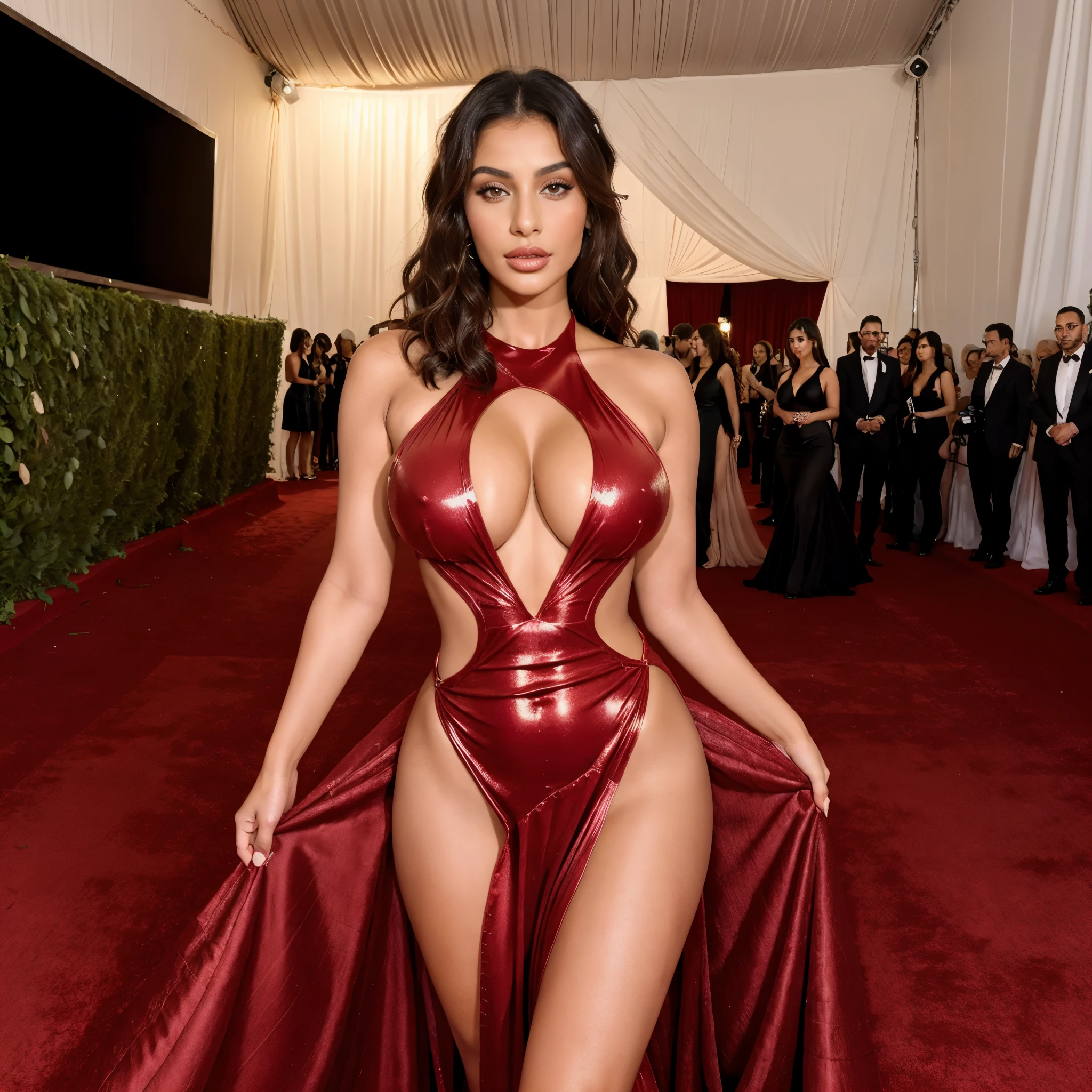 a woman posing for a picture, arabic goddess, traditional beauty, arabic, beautiful goddess, middle eastern girl, arabic super model, beautiful, gorgeous woman, middle eastern with long, sweet shy arabic, gorgeous beautiful woman, American red carpet, met gala, American Hollywood red carpet, beautiful middle eastern girl, extremely detailed goddess shot, jaw-dropping beauty, big  deep cleavage,  on a red carpet, red carpet dress, ((Huge breasts)) wearing a red shiny dress, cut out shoulder , red carpet behind her, standing straight, posing for a picture, met gala, photorealistic shot, extremely detailed shot 