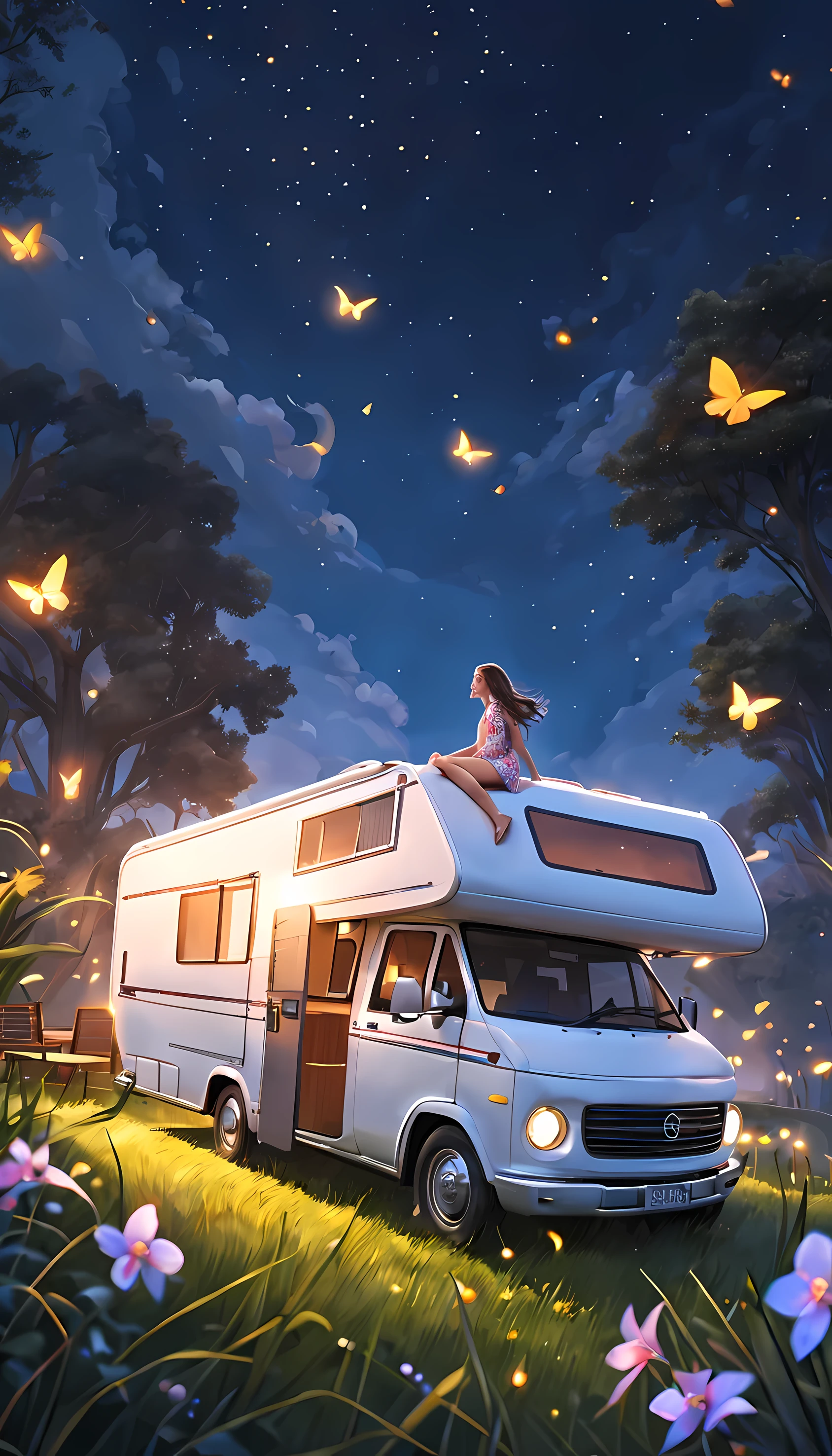 (Vision, wide angle),at night,A girl sits on the roof of an RV and looks up at the sky, Smile,skirt,colorful flowers, The thick grass is about as tall as a person, firefly, glowing butterfly, full moon, trees, top view, Comfortable, trip,breeze, night, cloud, light particles, wide angle镜头,8k, original photo, best quality, masterpiece, high detail, original color photo, Professional photos, (actual, photorealism:1.37), (best quality), (best shadow),