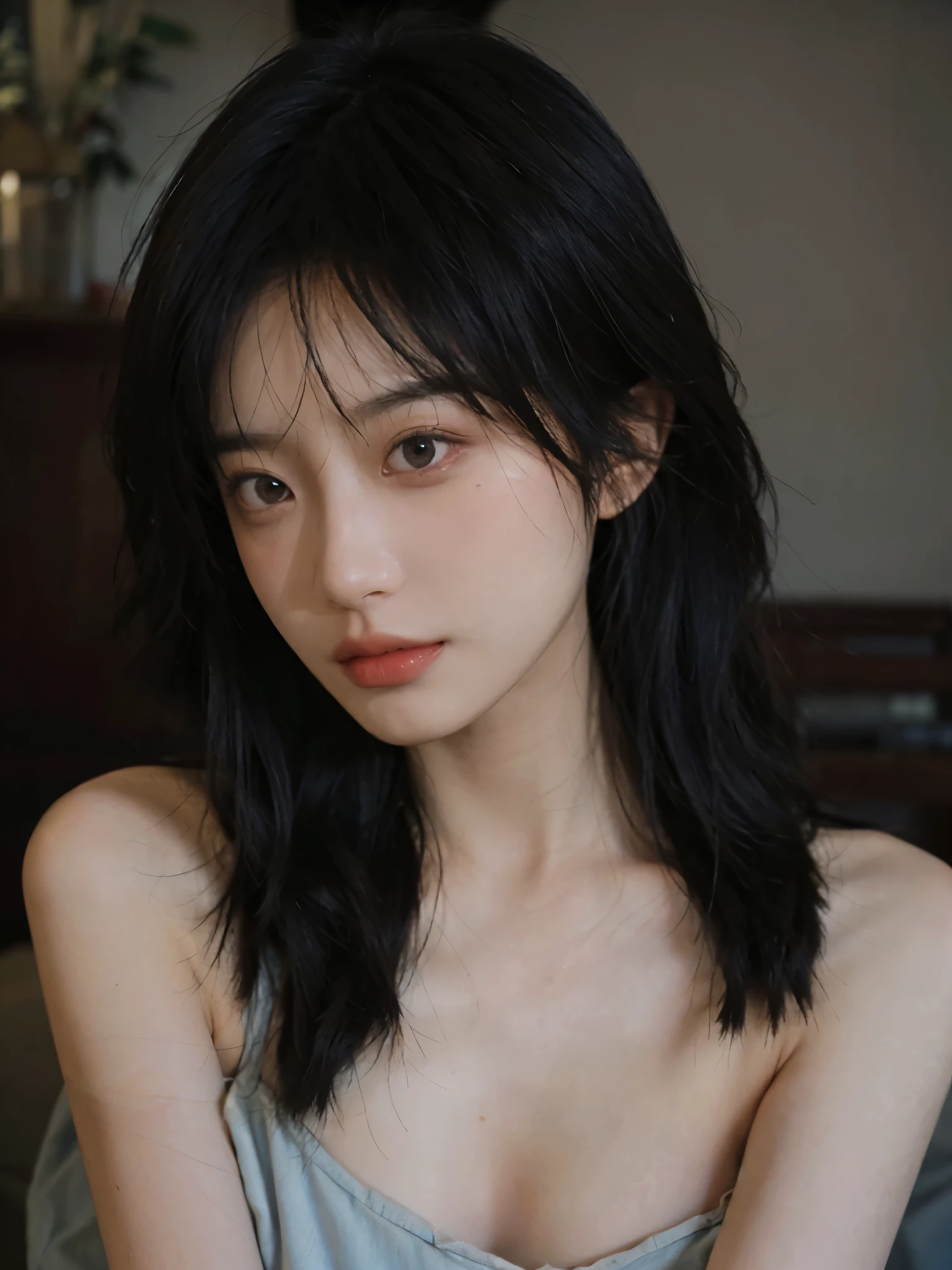 Film portrait photography, 1 girl, bare shoulders, Shoulder length wavy hair, serene, calm, (Realistic and detailed eyes, natural skin texture, Realistic facial details), Soft dramatic lighting, depth of field, Bokeh, Vibrant details, Detailed and detailed, surreal, 35mm film, hazy, ,