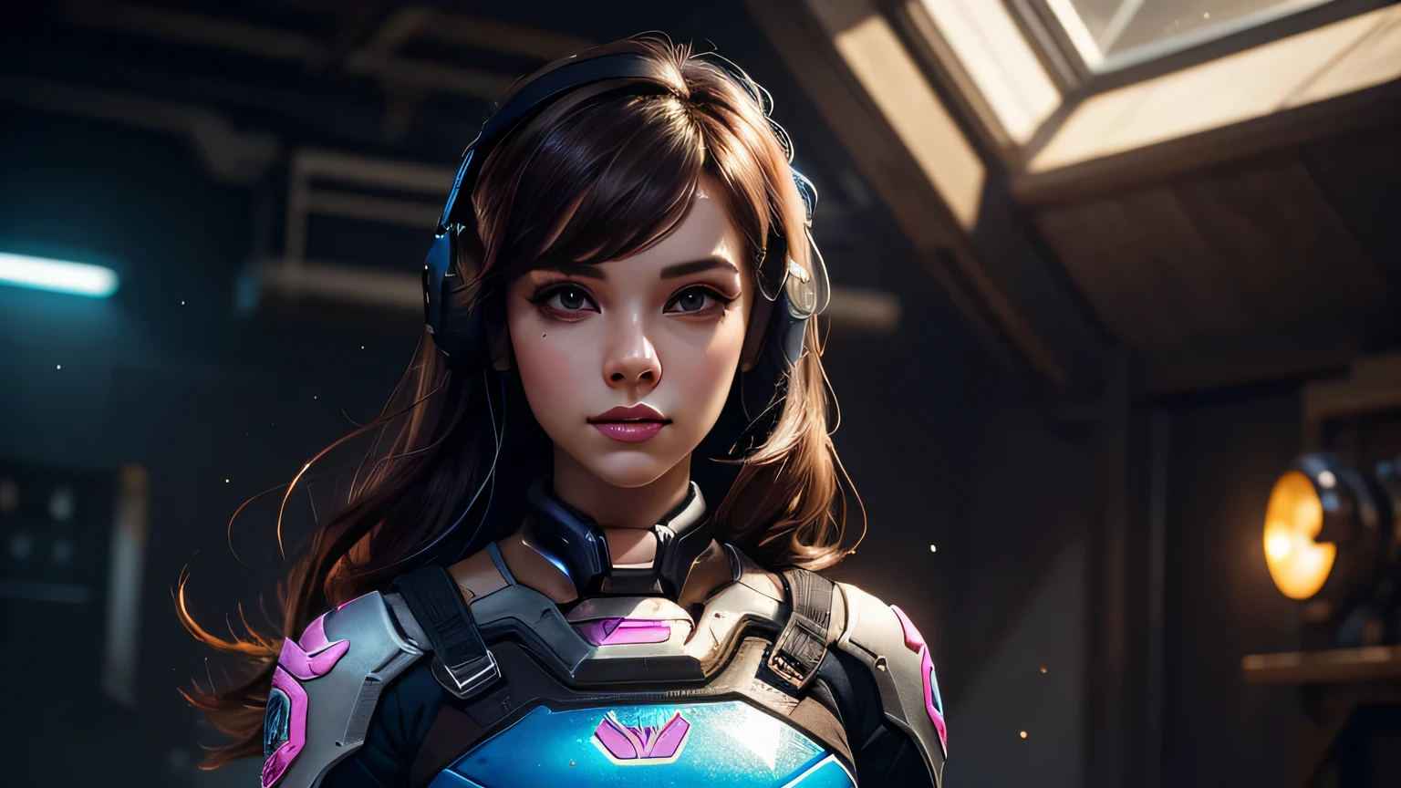 1girl, D.va , overwatch, reflective, glistening skin, studio, super detailed, HD, visible pores, perfect hair, very detailed hair, perfect, very beautiful, a hyper realistic, masterpiece, highly detailed, cinematic lighting, ray tracing, cinematic composition. award winning photo, high contrast, light sparkles, clear face, beautiful dark brown eyes, eyes match, perfect eyelashes, full body portrait, perfect body,