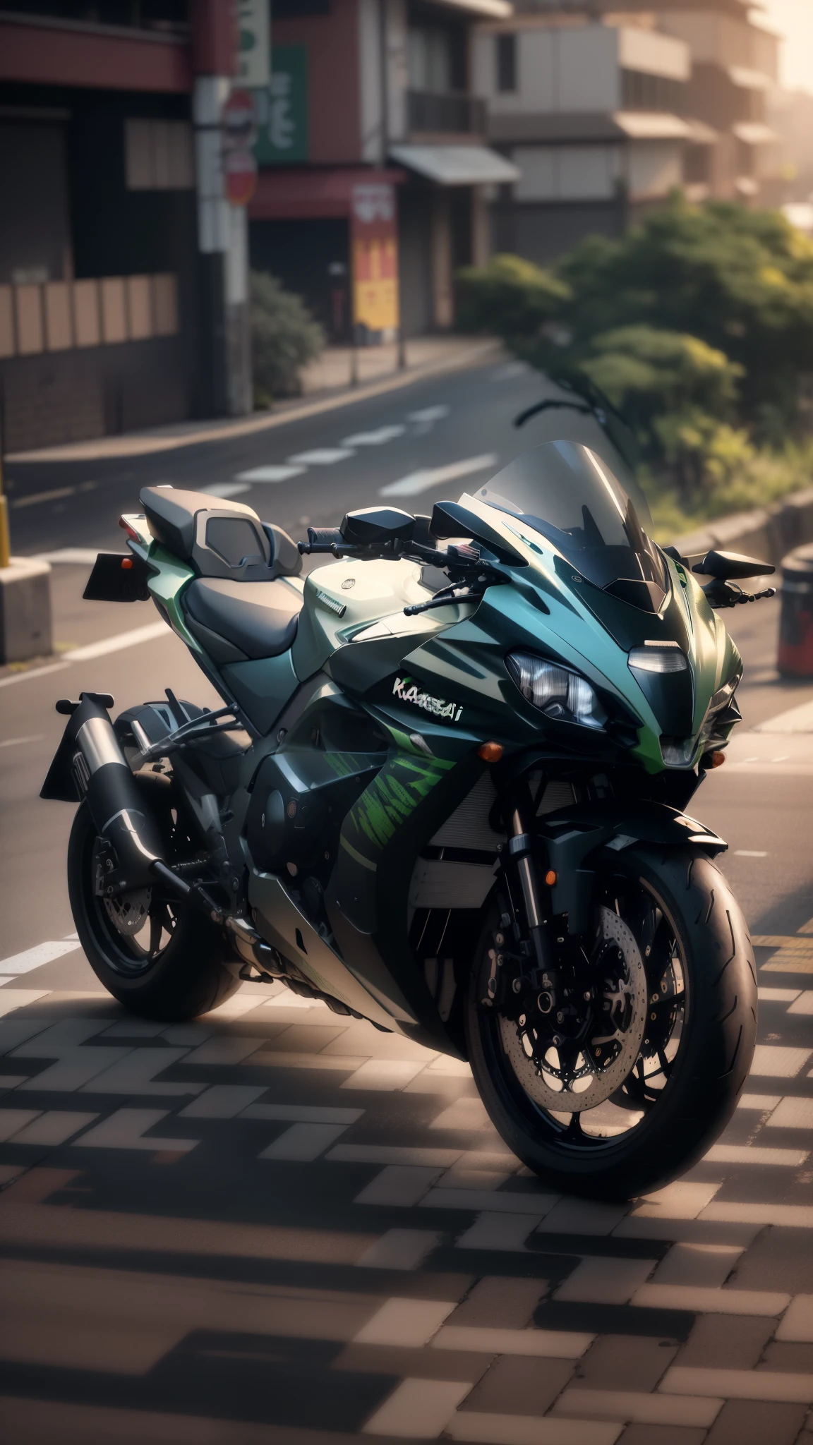 there is a motorcycle parked on the side of the road, kawasaki, cgi 8k, kodakchrome : : 8 k, cinematic front shot, portrait shot 8 k, hyper realistic ”, hyper realistic”, portrait shot, cinematic full shot, from 8 k matte, 4k', 4k hyper realistic, cinematic”, great masterpiece, 4k shot, hyperrealistic ”