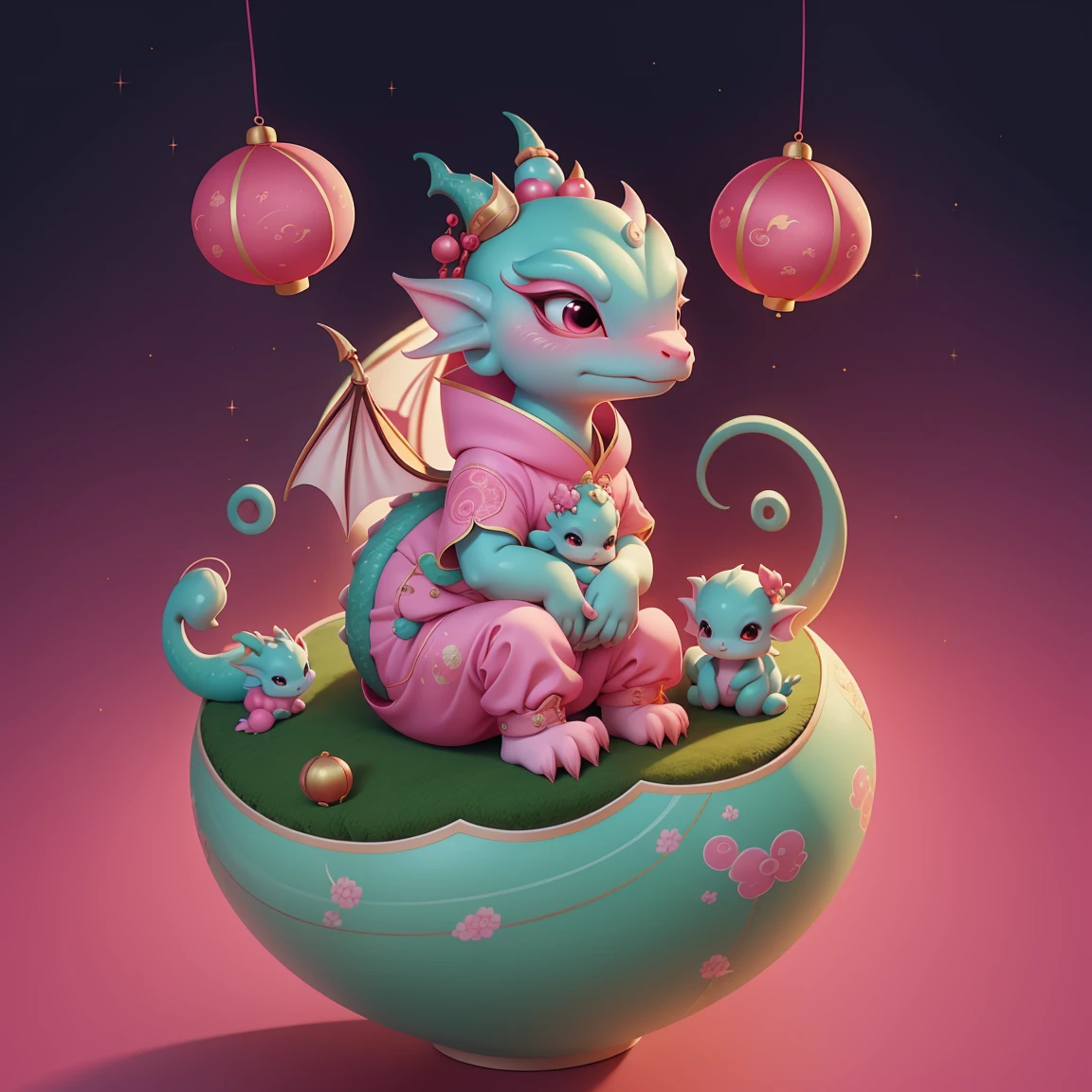 Q version,Cute baby dragon,Chinese style,Pink space,Festive atmosphere