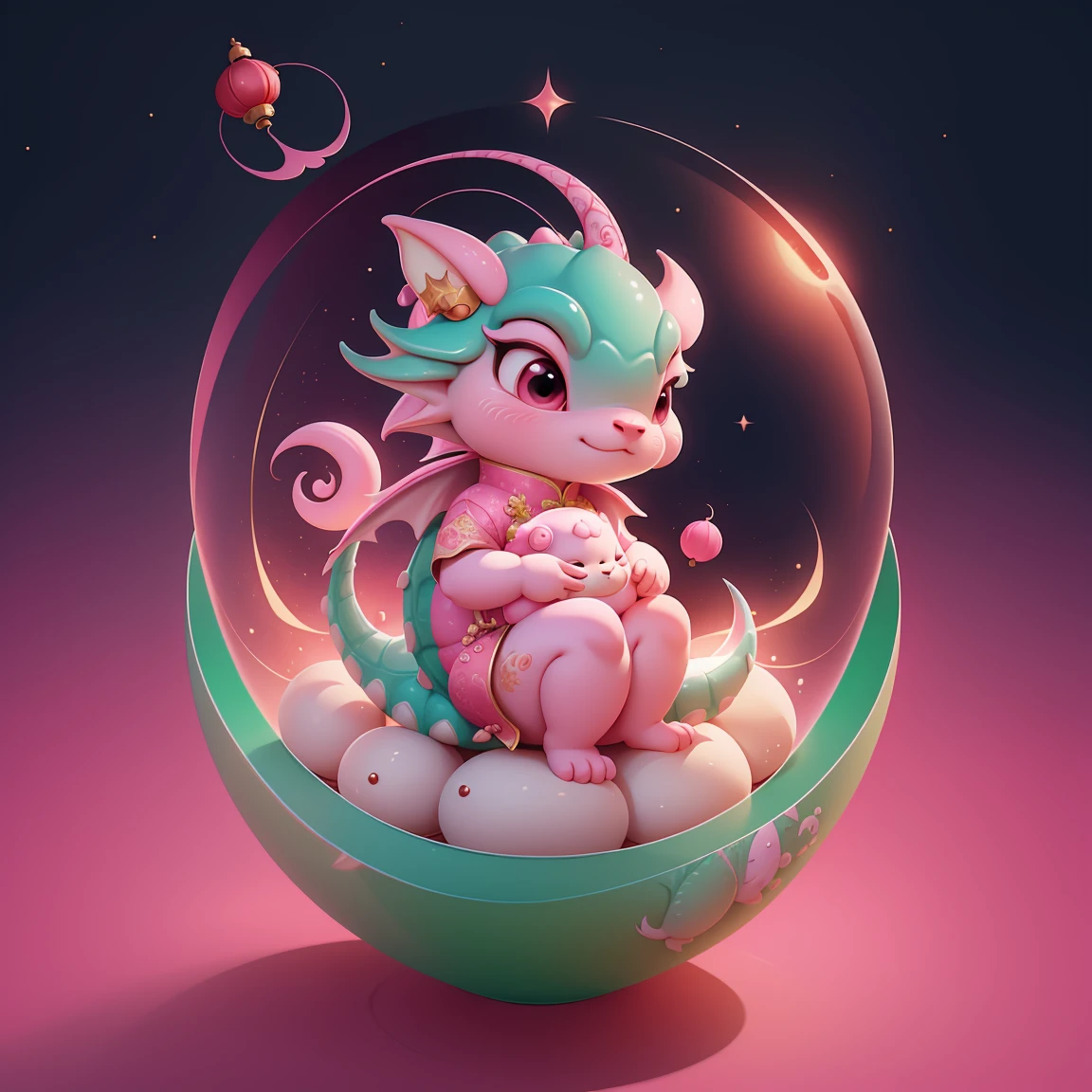 Q version,Cute baby dragon,Chinese style,Pink space,Festive atmosphere