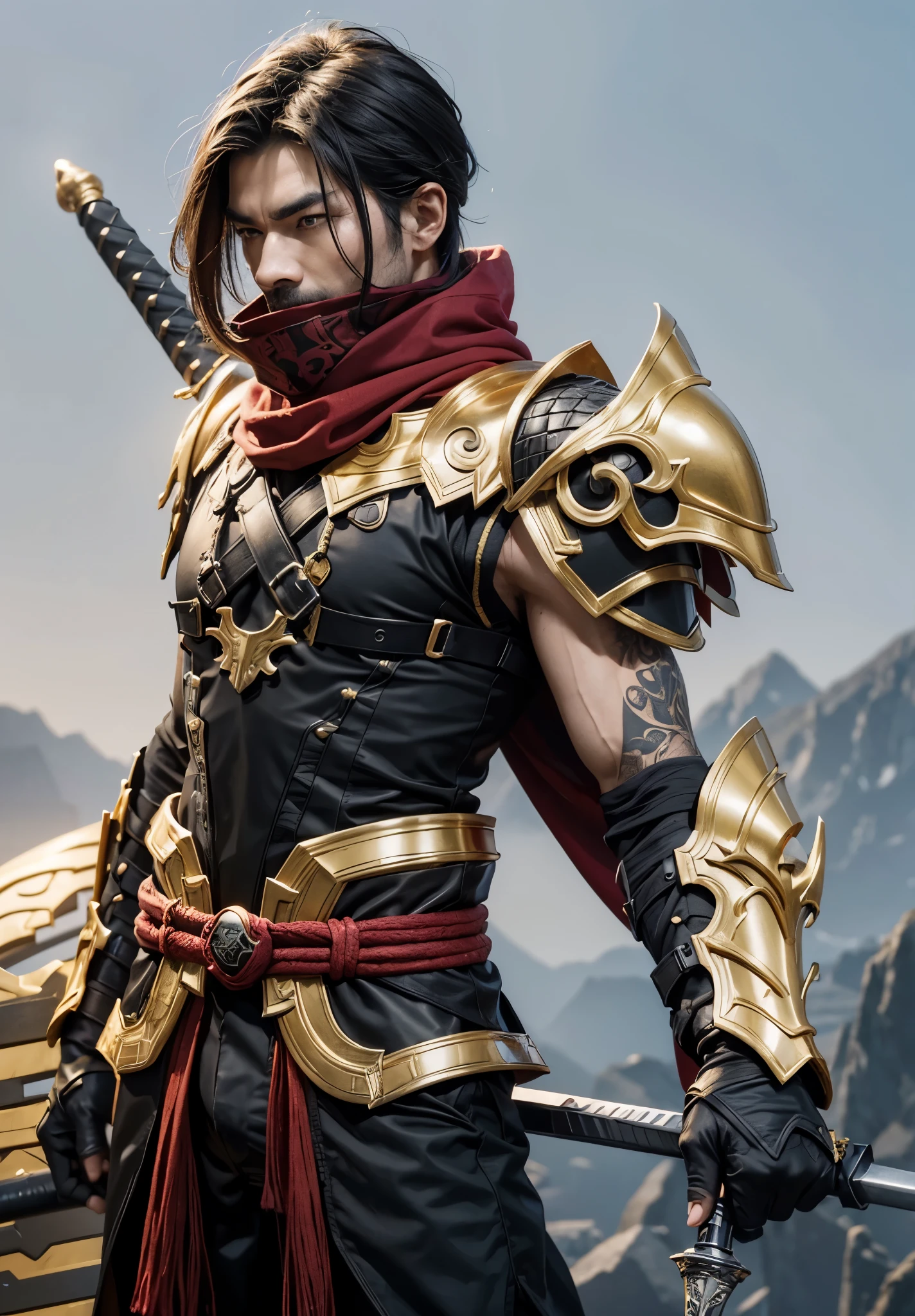 A man with ninja costume armor, A man with sword on back, A man with ninja Balck gold face, A man with red and black armor with gold detail, A man with hand weapon on his hand, Ultra Realistic, Ultra Hd, Ultra Detailing, Hyper Realistic, 8k, 4k ultra hd