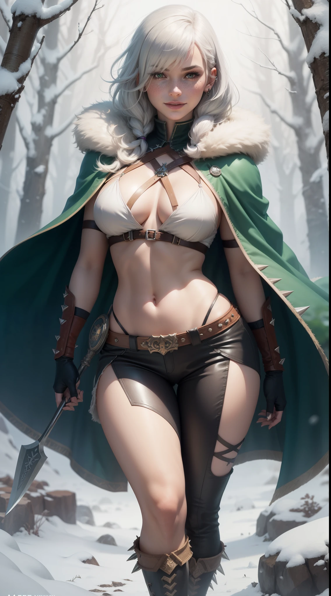 gwen tennyson,yorha 2b,tracer,y'shtola rhul, lord of the rings,warcraft,close up,winter forest,viking village,rune tattoos,fur and royal green plugsuit,winter viking linen shirt,royal green viking cape,spiked viking armor,viking linen pants,short viking hair,viking makeup,green eyes,multicolored silver hair, spiked gloves,sexy smile,freckles,beautiful girl,knee high spiked boots,large breasts,8k,ultra detailed,realistic,fantasy art,viking armor,hair pin,ear piercings,(weather:windy),1girl,long viking battle axe,