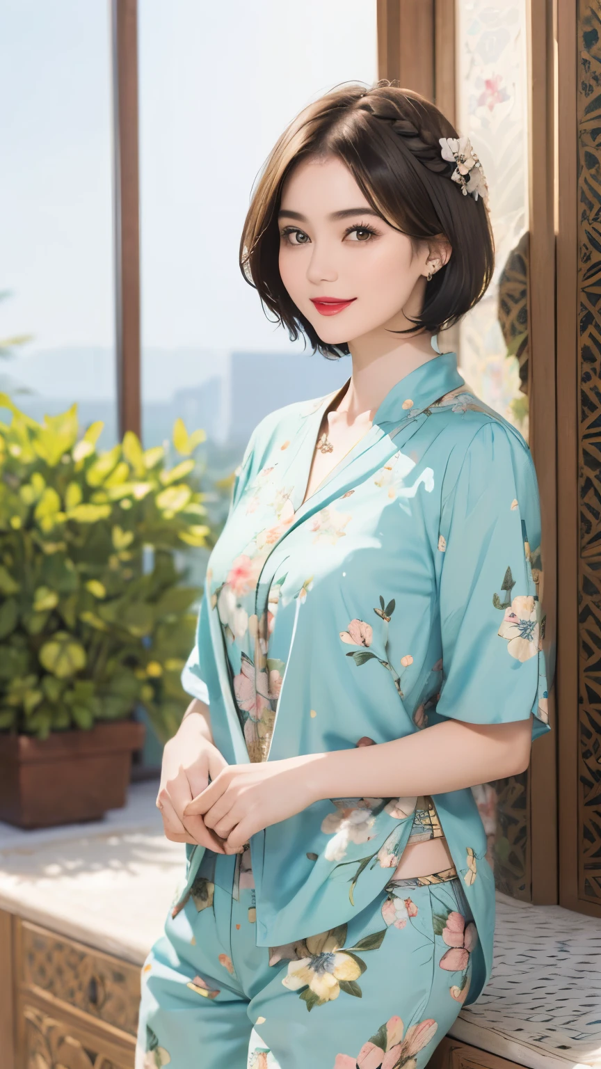 149
(20 year old woman,floral print outfit,pants), (Super realistic), (high resolution), ((beautiful hairstyle 46)), ((short hair:1.46)), (gentle smile), (brest:1.1), (lipstick)
