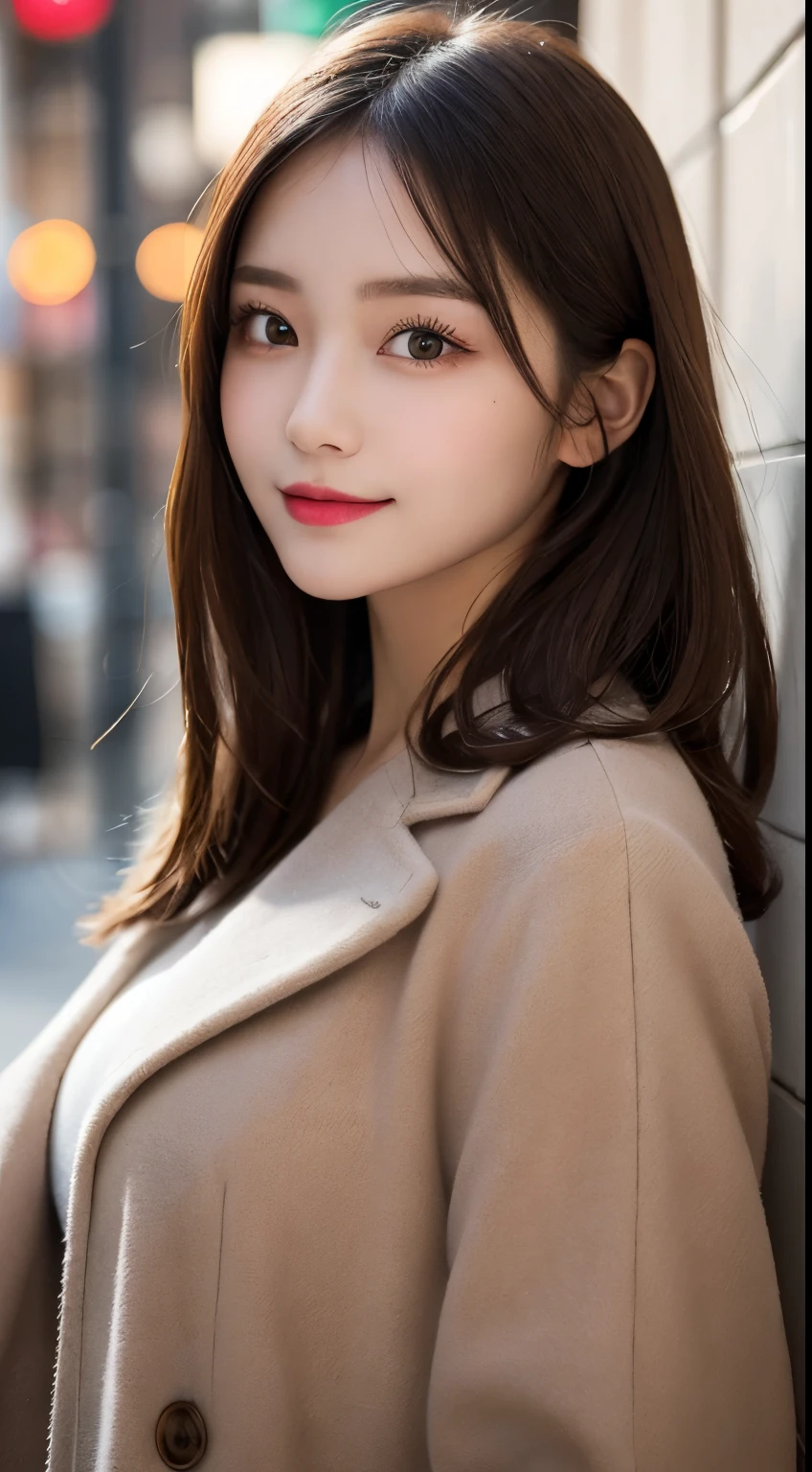 table top, highest quality, shape, Super detailed, finely, High resolution, 8k wallpaper, 完璧なダイナミックな構shape, beautiful and detailed eyes, Latest trend fashion Tokyo winter wear,medium hair, small breasts, natural color lip,smile,20 year old girl、midnight、beautiful and detailed face、perfect and beautiful face、slim face and style,spread your arms wide,Big eyes,Take a photo from below the knees at a face angle、small face、beautiful detailed face、perfect and beautiful double eyelids、luxury mink coat