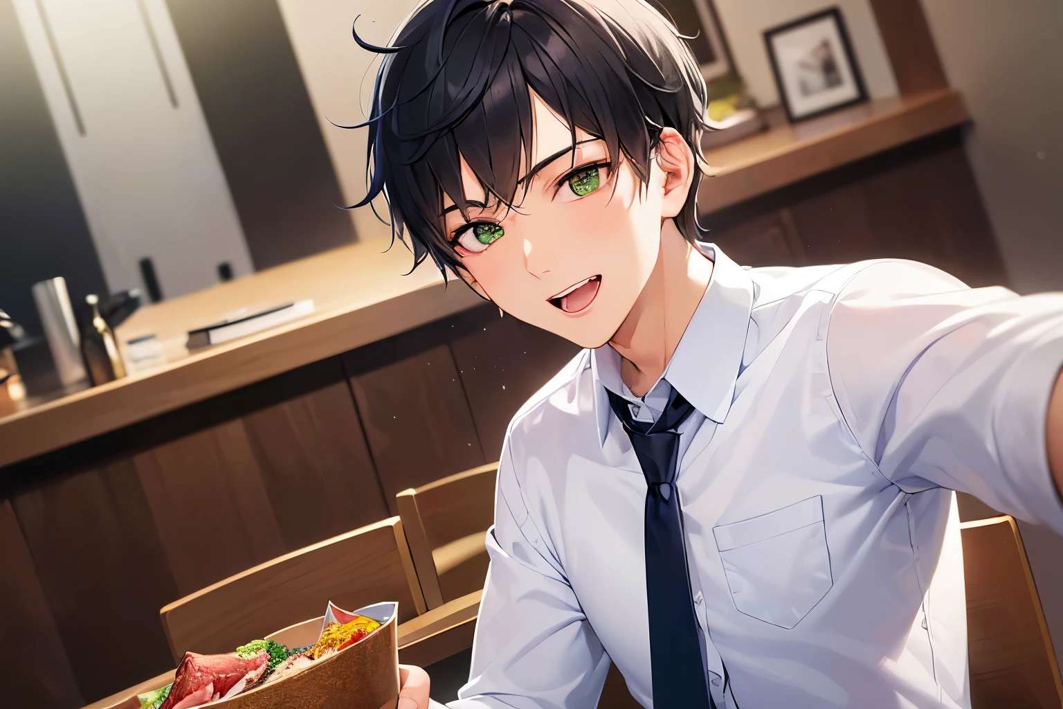 selfy, selfie, masterpiece、high quality、(25-year-old man with short black hair and green eyes:1.5)、Wearing a white Y-shirt、Wearing a dark blue tie、(Alone:1.5)、(A smiling expression of embarrassment:1.1)、open mouth, sitting、The background is a yakiniku restaurant、