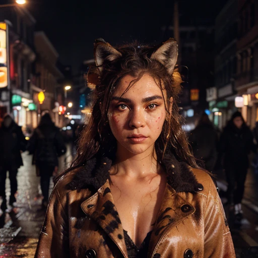 (better detailing, high quality), furry wolf, walking through the city, (night, bright lights, urban environment), (dynamic framing, fierce expression, messy hair), (bright red eyes, detailed coat), (colorful spots, wet streets), (focal point on the wolf's head), (bright focus on the eyes).