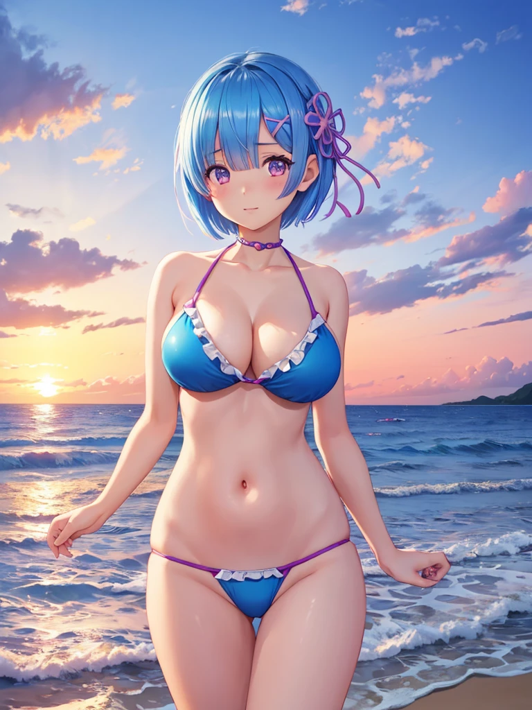 1 girl beautiful , Rem,Re:zero,short blue hair little swimsuit,big breasts, Beach summer sunset on sea waves, masterpiece, anatomically correct, advanced details, High resolution, highest quality, Super detailed, 8K