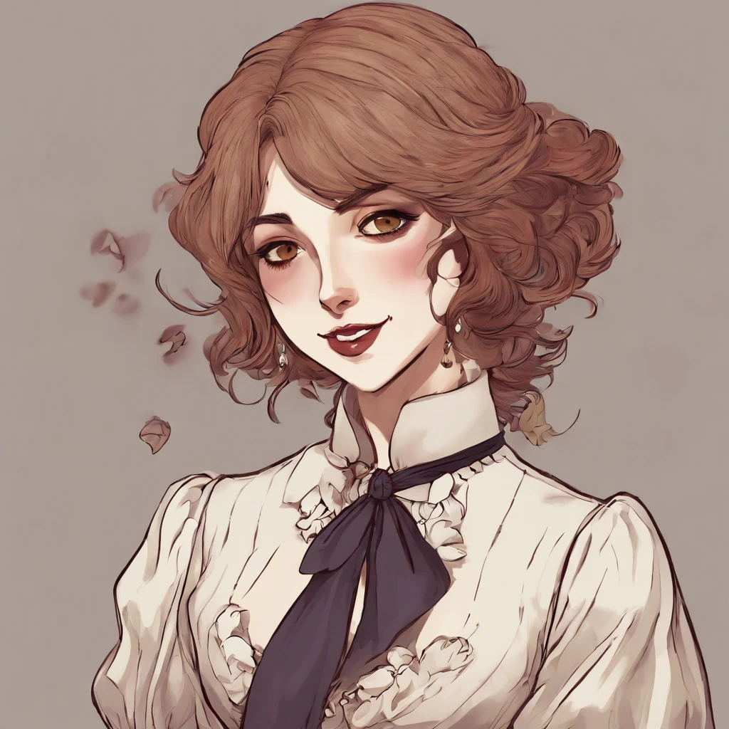 Anime vampire woman, Fujimoto art style, victorian era, otherwordly, esoteric nature, strangely happy, vampire, vampire fang smile, gleeful laugh, head tilted, reality is stranger than fiction, slightly unsettling, eyeshadow,