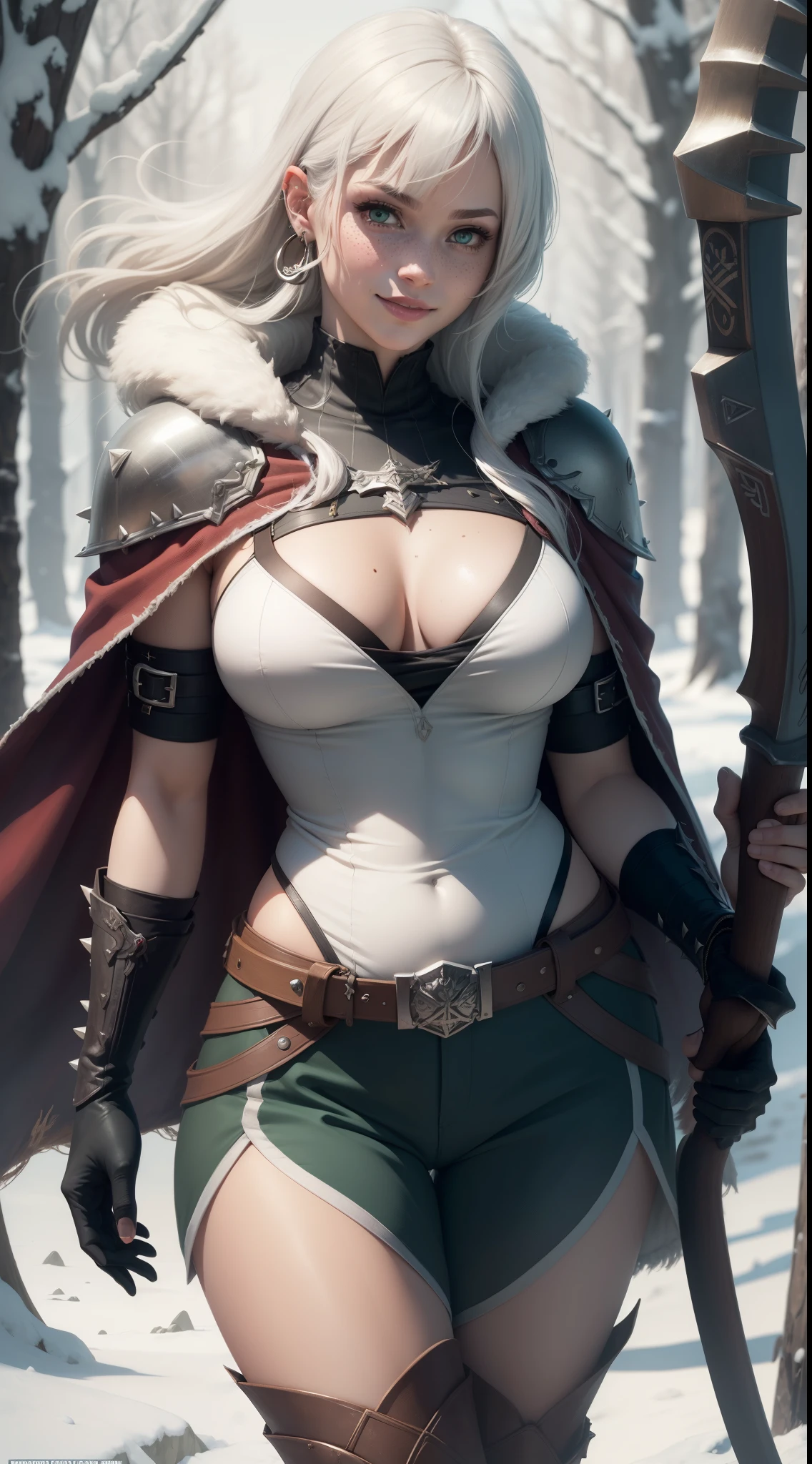 gwen tennyson,yorha 2b,tracer,y'shtola rhul, lord of the rings,warcraft,close up,winter forest,viking village,rune tattoos,fur and royal green plugsuit,winter viking linen shirt,royal green viking cape,spiked viking armor,viking linen pants,short viking hair,viking makeup,green eyes,multicolored silver hair, spiked gloves,sexy smile,freckles,beautiful girl,knee high spiked boots,large breasts,8k,ultra detailed,realistic,fantasy art,viking armor,hair pin,ear piercings,(weather:windy),1girl,long viking battle axe,