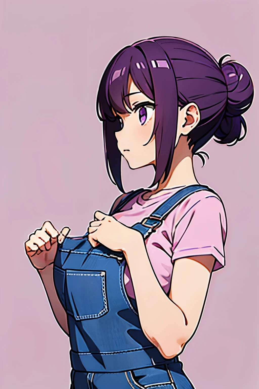 cute,girl alone,
bun hair, semi-long, bangs, hair ornaments,purple eyes,
index finger,
close view, pink t-shirt and overalls,big breasts,simple background