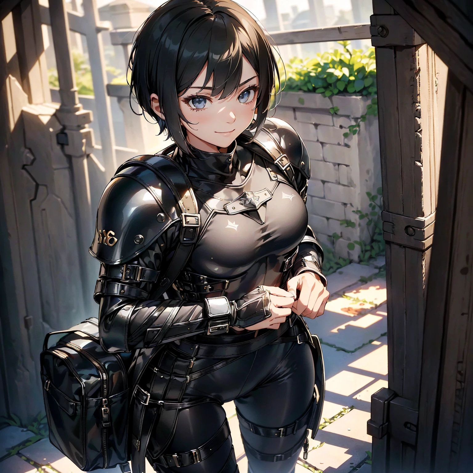(masterpiece、highest quality、highest resolution、clear_image、detailed details): (whole body、18 year old female fighter,Slender、small face、black super bob short hair、Shiny black tight combat uniform,tight suit、Gentle smile、Backpack)