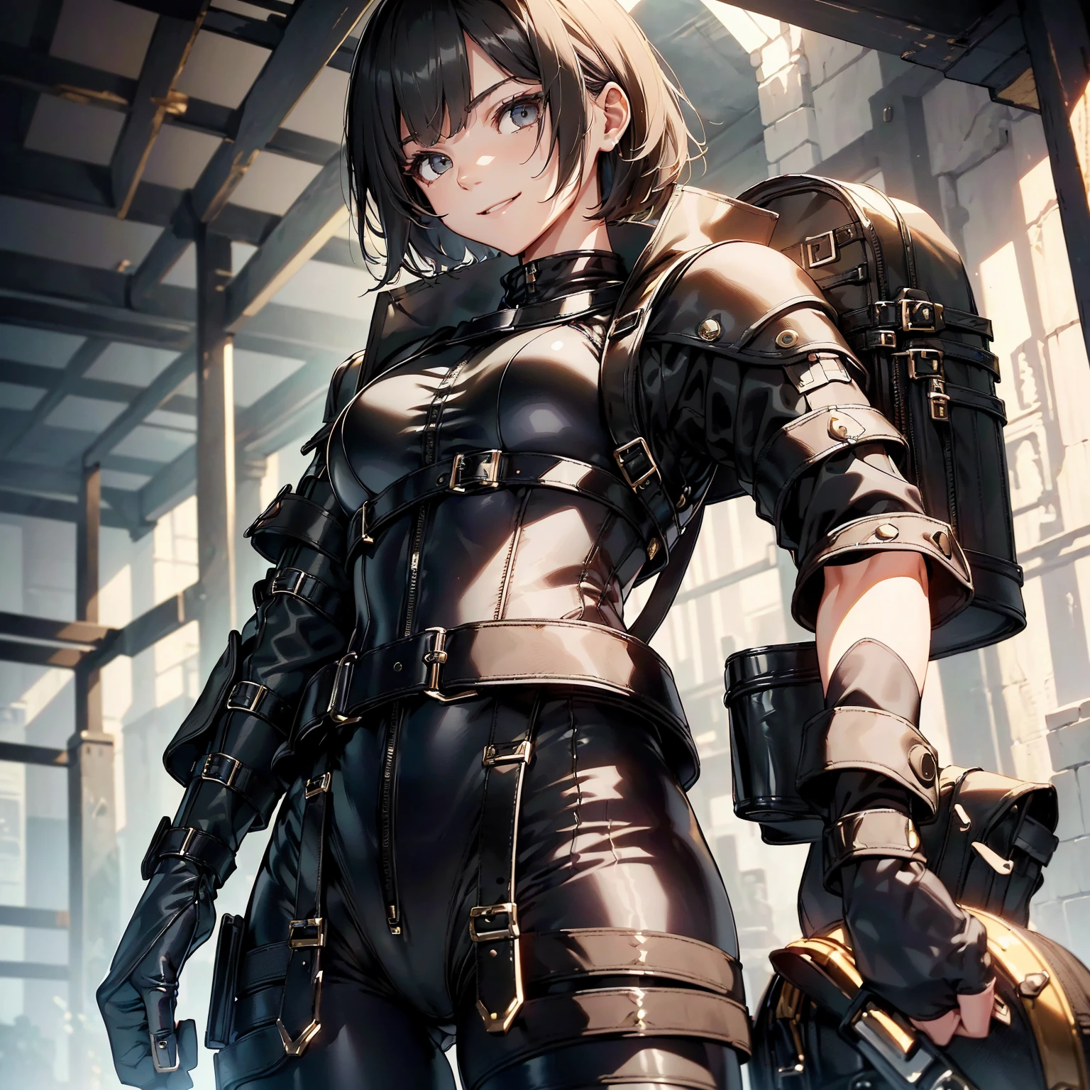 (masterpiece、highest quality、highest resolution、clear_image、detailed details): (whole body、18 year old female fighter,Slender、small face、black super bob short hair、Shiny black tight combat uniform,tight suit、Gentle smile、Backpack)