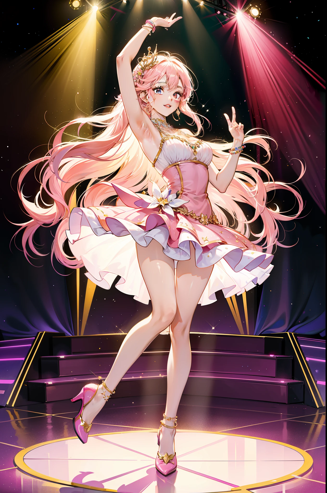full body image. In a disco filled with colored lights, A beautiful young woman dances on stage in a very cheerful and energetic way... She has long hair,wavy。Tight light pink dress。, High heel. She wears some very long rhinestone necklaces,Design youth.