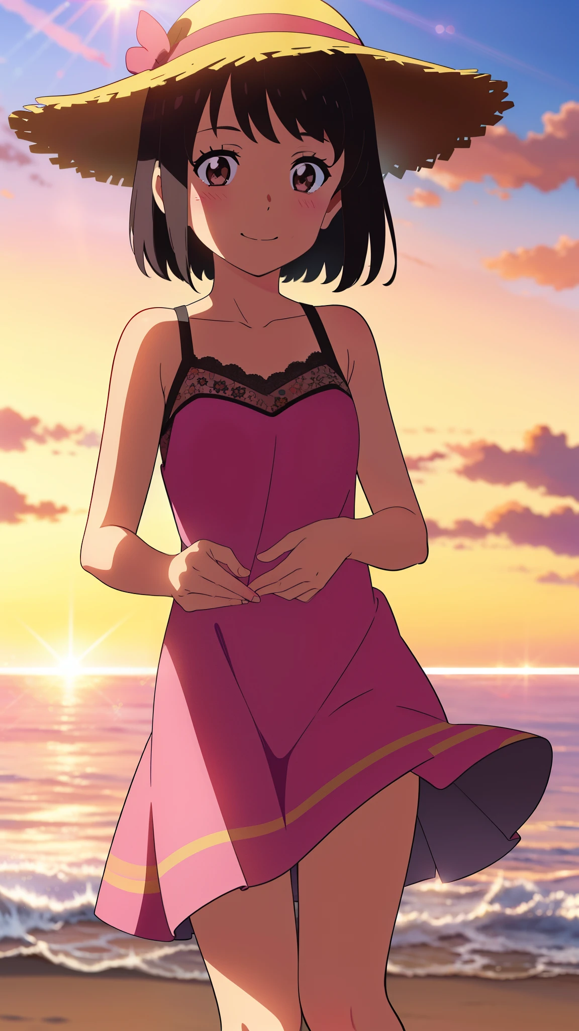 shinkai makoto, kimi no na wa., 1girl, bangs, black hair, blush, brown eyes, shiny skin, red headband, a pink lace dress, straw hat, short hair, smile, cute, solo, looking at viewer, happy, summer beach, cloudy, sky, sunset, evening, lens_flare, Splash