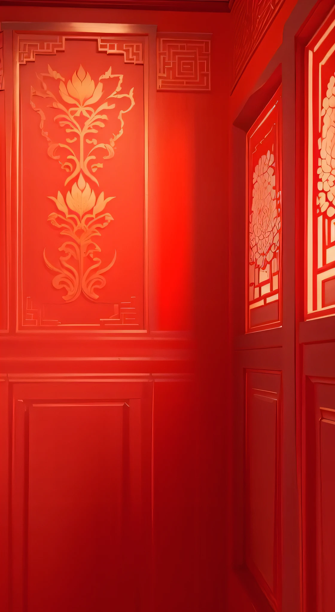 there is a Red room with a Red wall and a Red lamp, Red and cinematic lighting, traditional chinese textures, Volumetric lighting. Red, Red wall, Chinese style, Depicting the background of the temple, Oriental wallpaper, Red realistic 3 d render, Red fluid on walls of the church, shadow. asian landscape, rendeRed in cinema 4 d, rendeRed in cinema4d