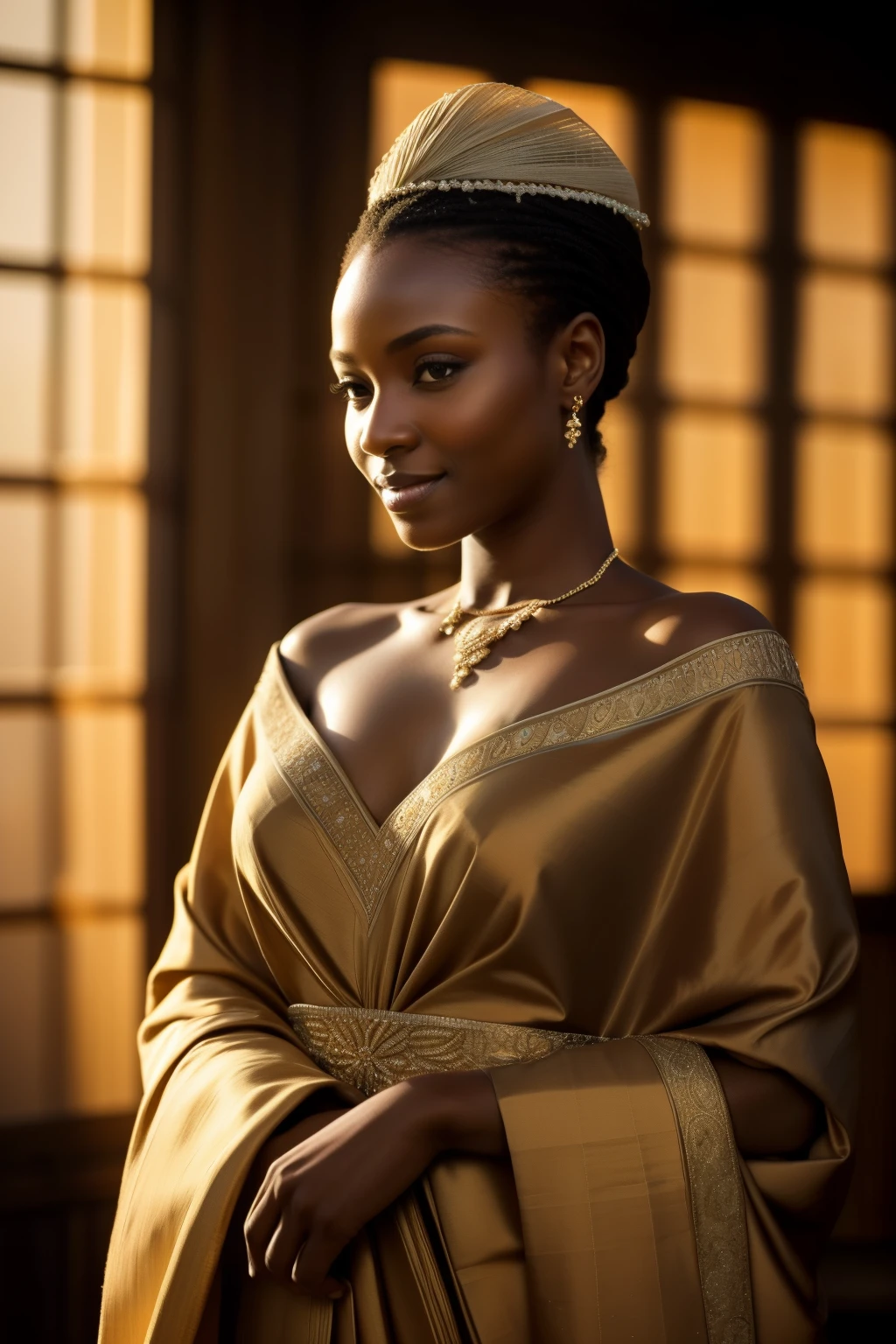 African Bathsheba, poised and radiant before the sunrise, throws a gentle smile as she looks directly into the camera lens. The sun's first light bathes her in a warm, ethereal glow, casting long, delicate shadows across the serene landscape. Draped in a high-fashion, yet modest ensemble, she exudes an air of humility and inner beauty. The fabric of her garment shimmers with a rich texture, intricately stitched with precision and elegance. The sunlight catches the fine detailing of her outfit, throwing the hues into a stunning relief. Her dark, almond-shaped eyes reflect the burgeoning brilliance of the sun, adding an