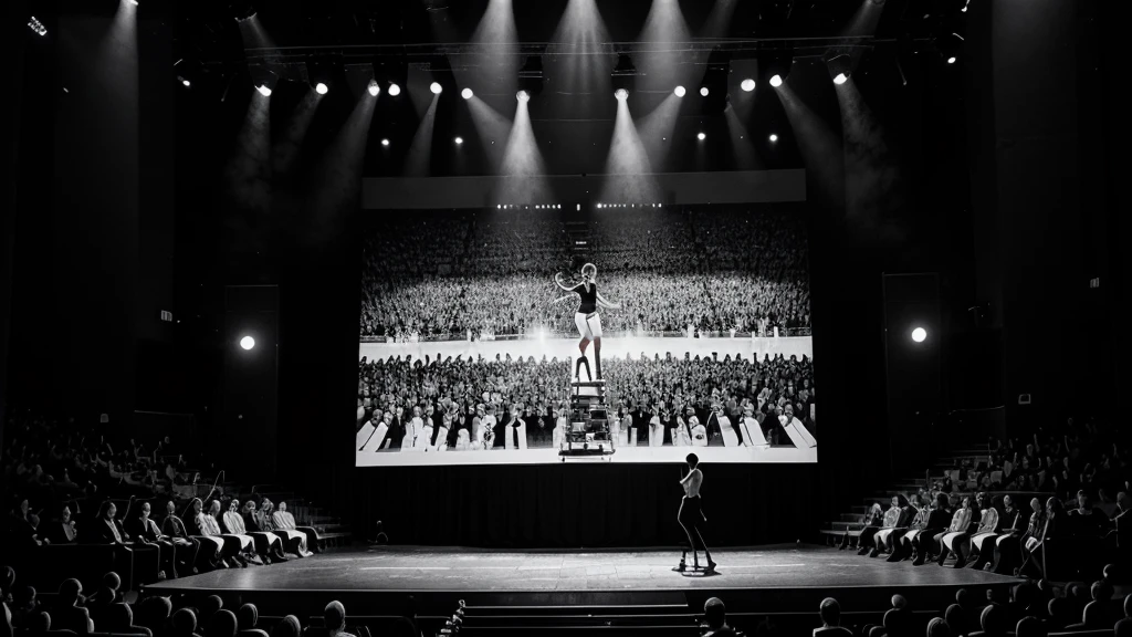 A black-and-white print-style abstract painting of two people standing on stage and performing a comic act.